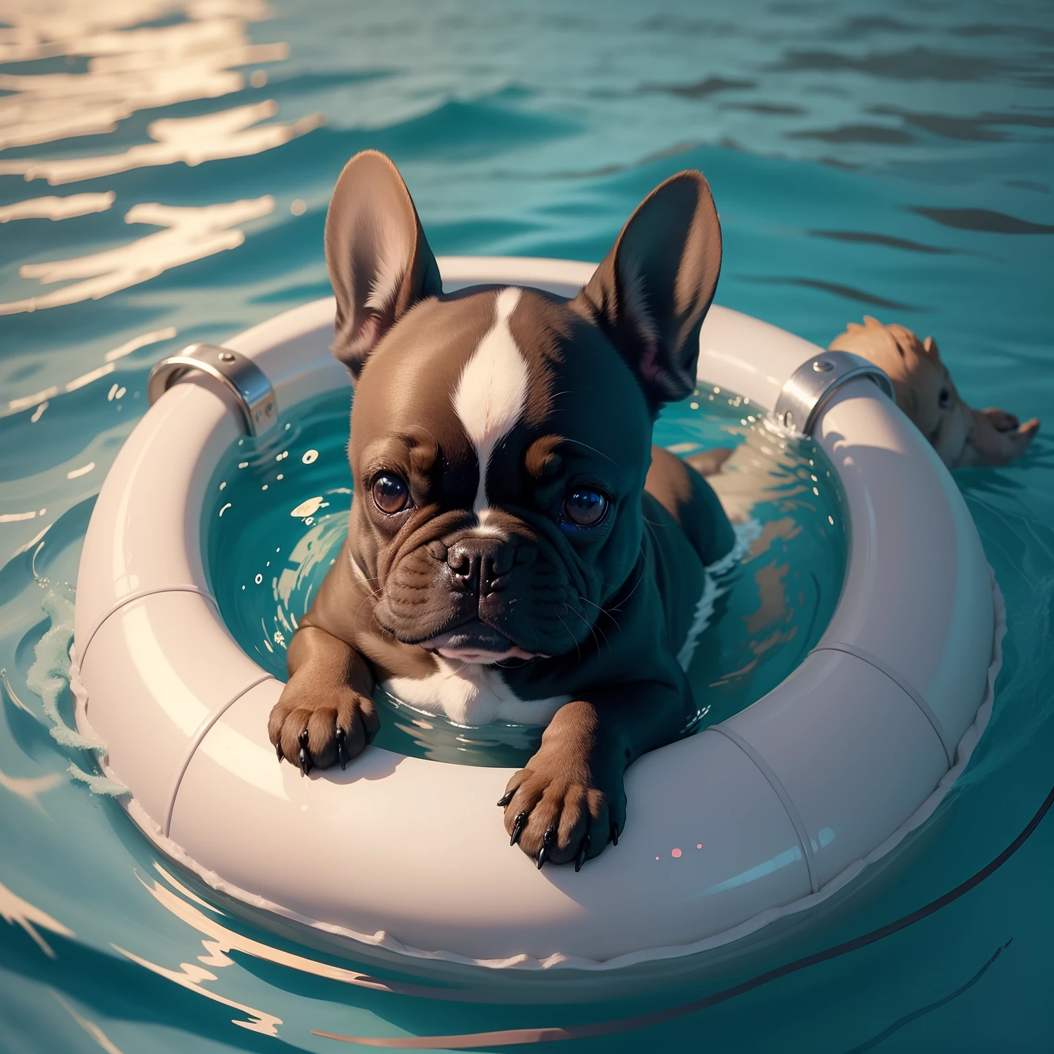 small and cute French bulldog, swimming in the poll
