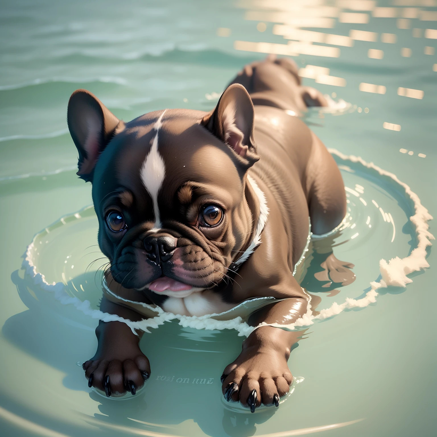 small, cute, and colour brown French bulldog, swimming in the poll