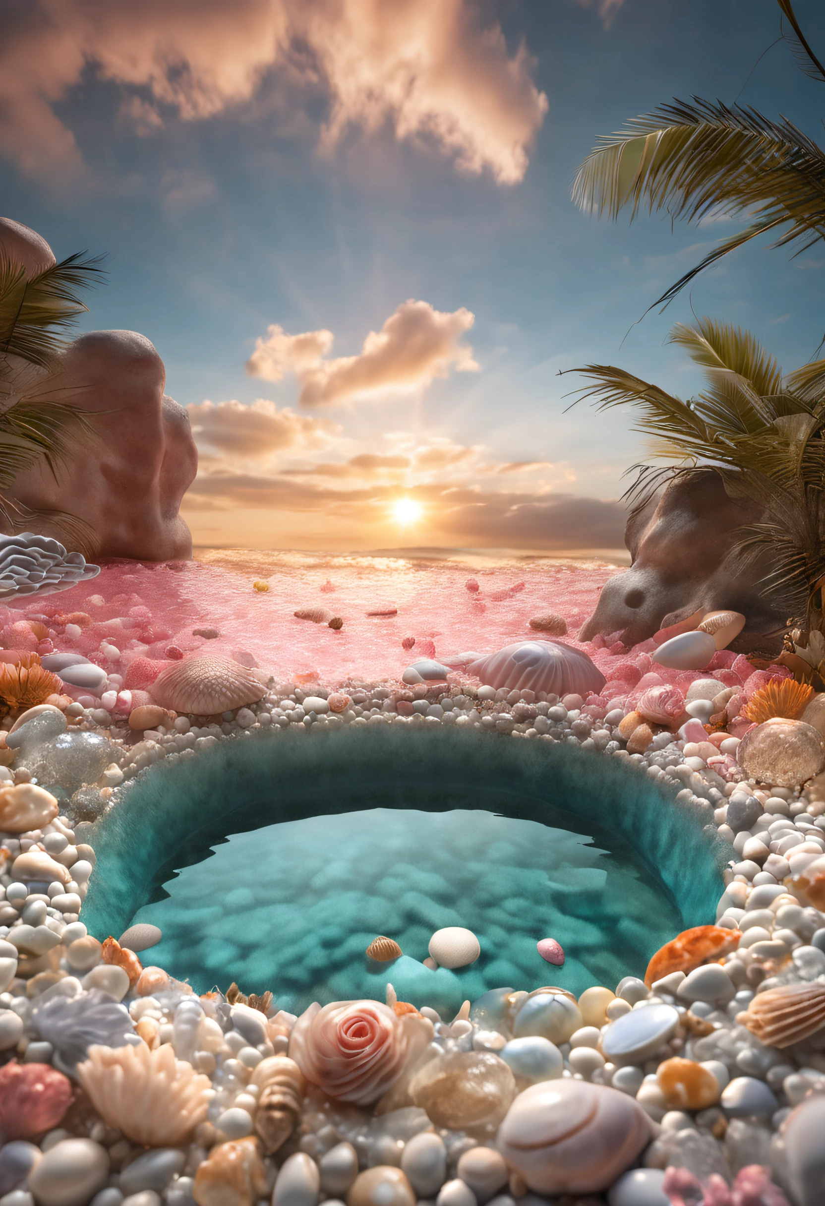 hyper realistic photo, ultra detailed photograph of a beautiful crystal clear bed, seashell pillows, mermaidcore, photorealistic, iridescent, hyperrealism, opal blankets, pool above bed, shimmering water, foamy, wavy, sexy, Ultra photoreal, Intricate details, Ultra detailed, elegant photorealistic, great high details, hyper real photo, 8k, extreme quality, mirrors, flowers, jewels, coral, full room, exotic, glimmering lights, magical, sea, paradise, bioluminescence
