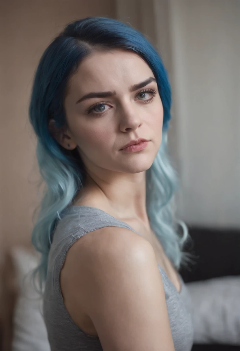 Angry face, blue-haired punk rock girl, arms crossed, sulking in her bedroom, photographed:: arms crossed, sulking, in her bedroom::0.5`