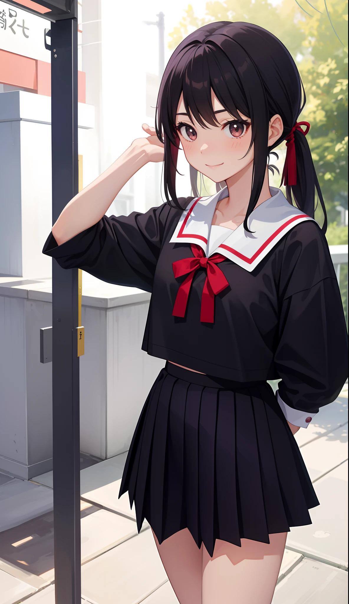 1girl in、AS-Adult、A smile、（Tsundere）、The shirt、skirt by the、（small tits）Chilarism、Japan High School Student Uniform、serafuku、summer clothing、（Sheer Bra）、Upper body portrait、