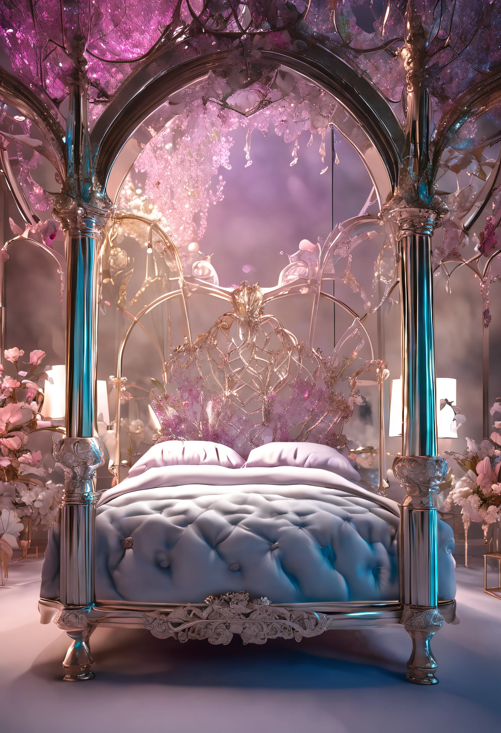 hyper realistic photo, ultra detailed photograph of a beautiful crystal clear bed, butterfly pillows, fairycore, photorealistic, iridescent, hyperrealism, silky blankets, shimmering sunrays, sheer windows, sexy, Ultra photoreal, Intricate details, Ultra detailed, elegant photorealistic, great high details, hyper real photo, 8k, extreme quality, mirrors, flowers, jewels, forest, full room, exotic, glimmering lights, magical, soft