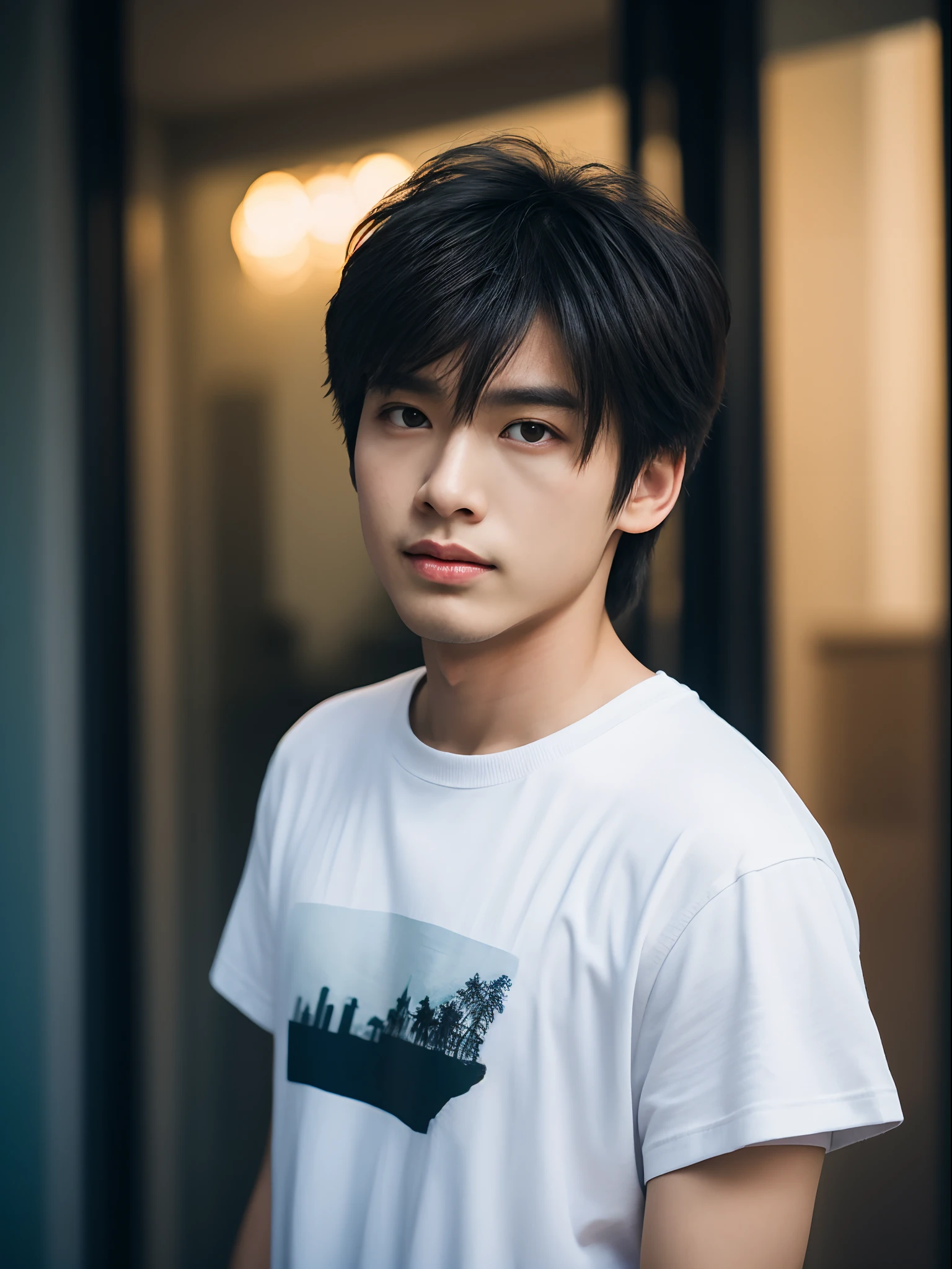 Raw photography, 1boy, Male Focus, hair messy, Looking at Viewer, Beautiful lighting, deepshadow, Best Quality, masutepiece, Ultra-high resolution, Photorealsitic, Blurry background, Asians, tshirts,rcasual, outside of house,Cityscape background,Shibuya,