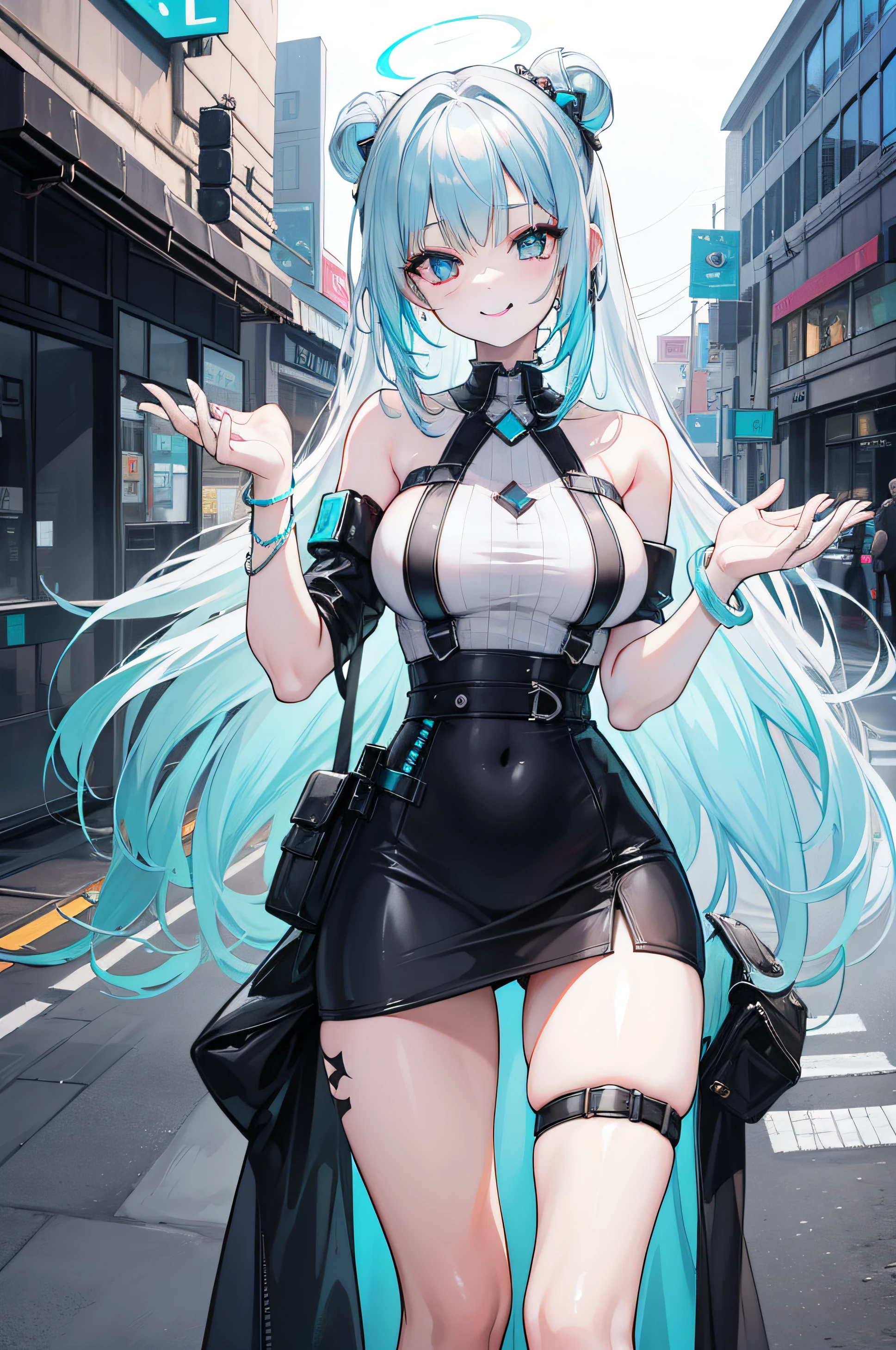 a 1girl, gray blonde hair, Cyan eyes, hairpin on the hair, On the back of the hair is blue, multi-colored hair, Happy smile with long tongue sticking out, Long tongue, gaze at the viewer, Cyberpunk clothes, Shoulders open, Hands open, bracelets on the hands, Pastel colors, full length, Adult girl, Ice cream stall, Nature