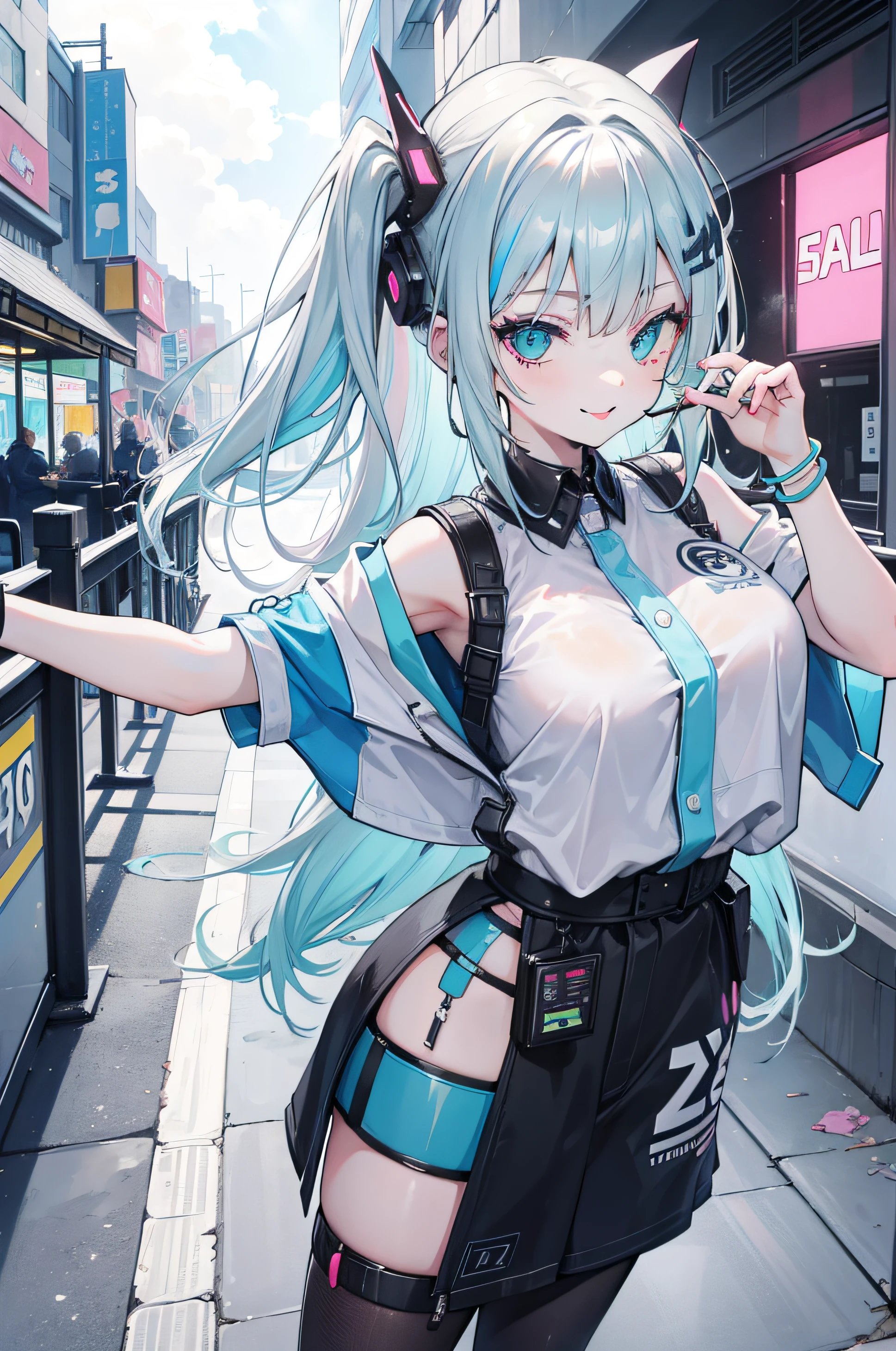 a 1girl, gray blonde hair, Cyan eyes, hairpin on the hair, On the back of the hair is blue, multi-colored hair, Happy smile with long tongue sticking out, Long tongue, gaze at the viewer, Cyberpunk clothes, Shoulders open, Hands open, bracelets on the hands, Pastel colors, full length, Adult girl, Ice cream stall, Nature