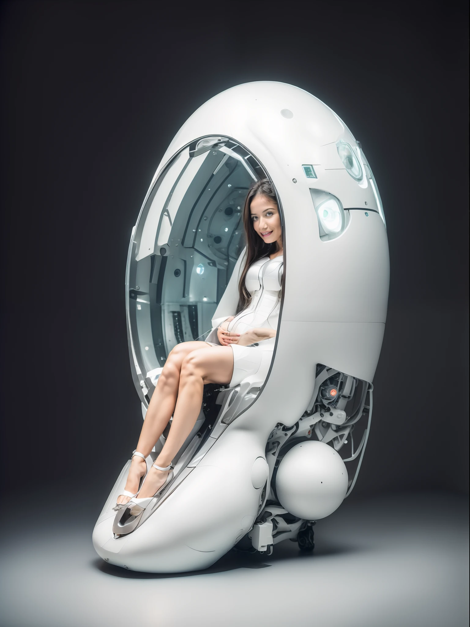 There's a woman sitting in a futuristic-looking chair, sitting on top of a cryopod, cyborg menina branca bonita, ciborgue - menina, modelo de moda ciborgue, pregnant female cyborg, menina bonita ciborgue, robotic body, Imperatriz ciborgue futurista simples, muito futurista, biomechanical oppai, menina ciborgue, cadeira de rodas futurista, Jovem senhora Cyborg, menina ciborgue bonita