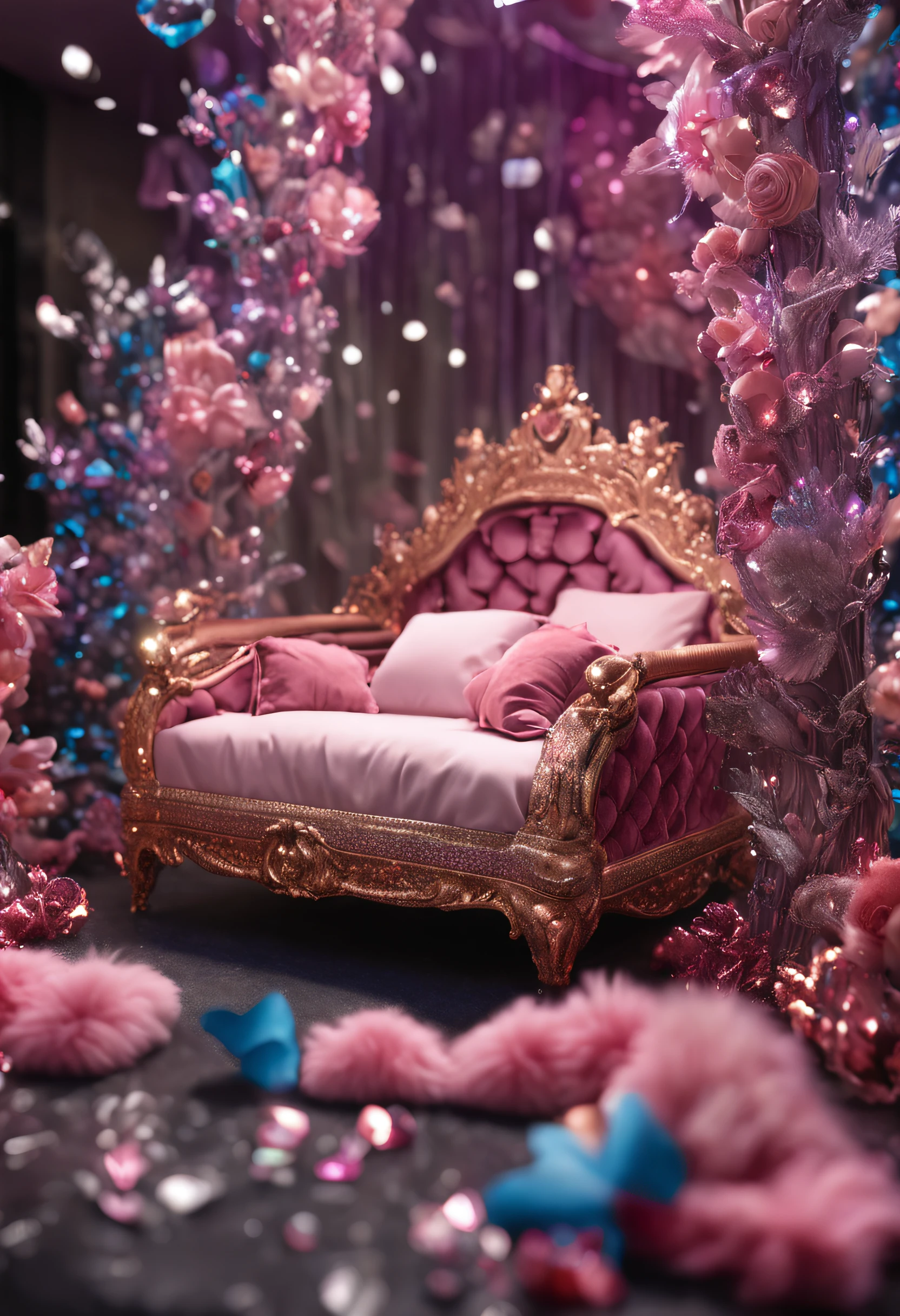 hyper realistic photo, ultra detailed photograph of a beautiful crystal bed, highly detailed pillows, cutecore, photorealistic, iridescent silver, hyperrealism, fluffy blankets, shimmering, sheer, sexy, Ultra photoreal, Intricate details, Ultra detailed, elegant photorealistic, great high details, hyper real photo, 8k, extreme quality, mirrors, flowers, jewels, butterflies, forest, full room, exotic canopy, glimmering fairy lights, magical