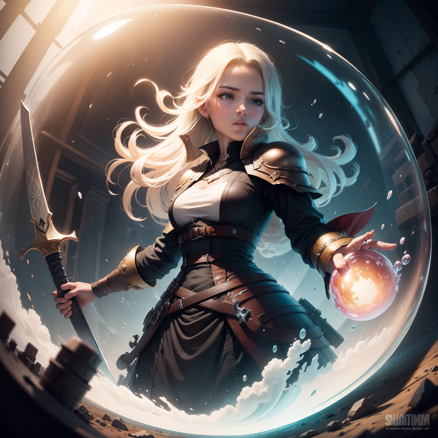 Bursting the giant bubble from inside with a sword digital art