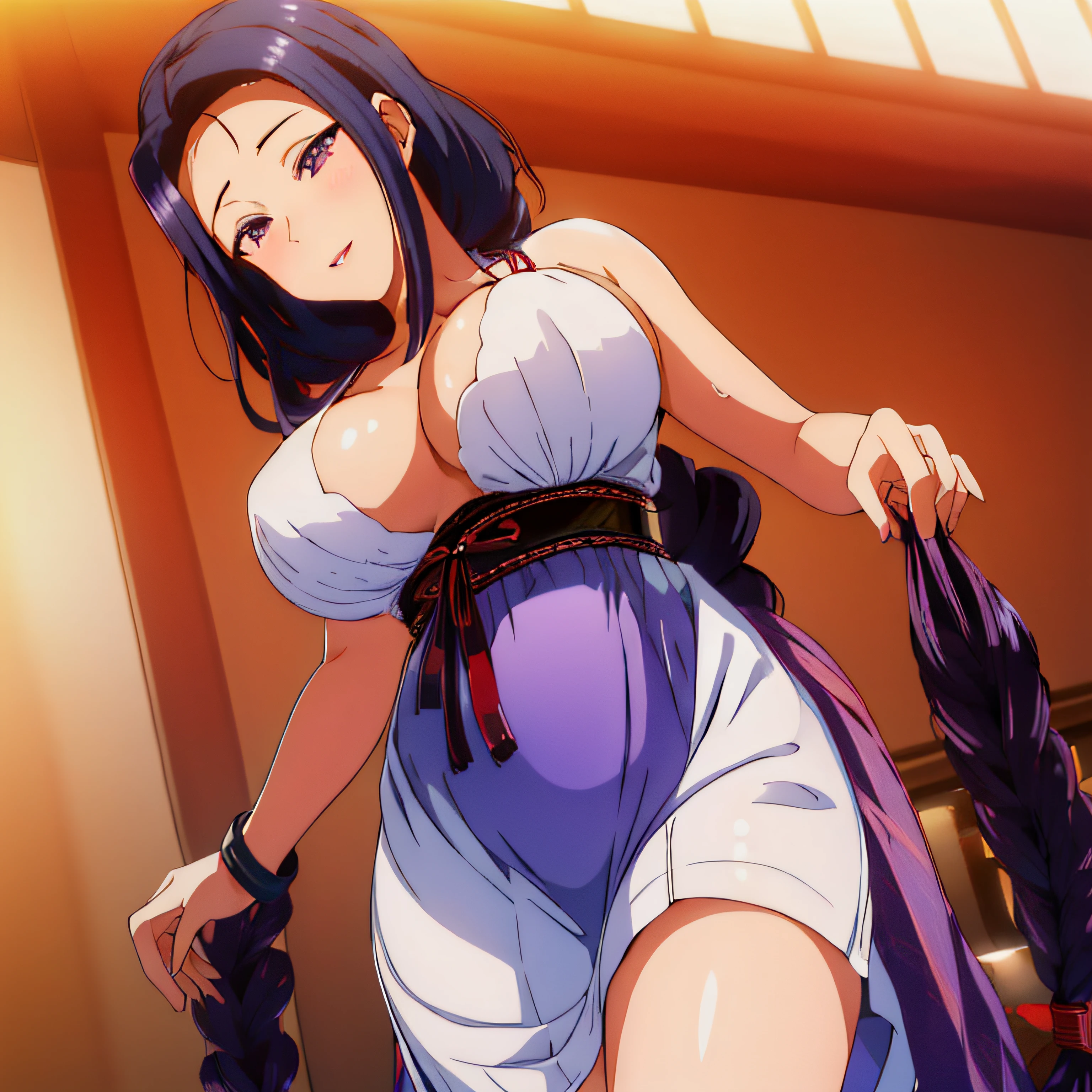 (hight resolution, High quality, Best Quality:1.3), Intricate details, vibrant image, Colorful, volume illumination, Saimin Sei-shido, Tsubaki Miyajima, 1girl in, Solo, close-up, (From below:1.2), Looking down, Looking at Viewer, eyecontact, (Spread legs:1.2), (skirt tug:1.3),
(Seductive look:1.2), Seductive smile,
(Hooker dress:1.4),cleavage,
Black_hair, long_hair, hair_Pulled_Back,parted_Lips,Purple_Eyes, braid,
1 girl, 24 year old,maturefemale,Beautiful Finger,Beautiful long legs,Beautiful body,Beautiful nose,Beautiful character design, Perfect eyes, Perfect face, Perfect fingers, Perfect hands, Perfect breasts, Perfect body, Perfect mouth, Perfect lips,
Looking at Viewer, In the center of the image,
SFW,Official art,extra detailed body, extra detailed face, very detail hair, extremely detailed eye, Wallpaper, Perfect Lighting,Colorful, Bright_front_Face_Lighting,
(masutepiece:1.0), 超A high resolution,4K,Ultra-detailed, 8K, nffsw, hight resolution, absurderes:1.2, Kodak Portra 400, Film grain, Blurry background, Bokeh:1.2, Lens Flare, (Vibrant_Color:1.2)
(Beautiful,Large_breasts:1.4), (Beautiful_Face:1.5),(narrow_waist),