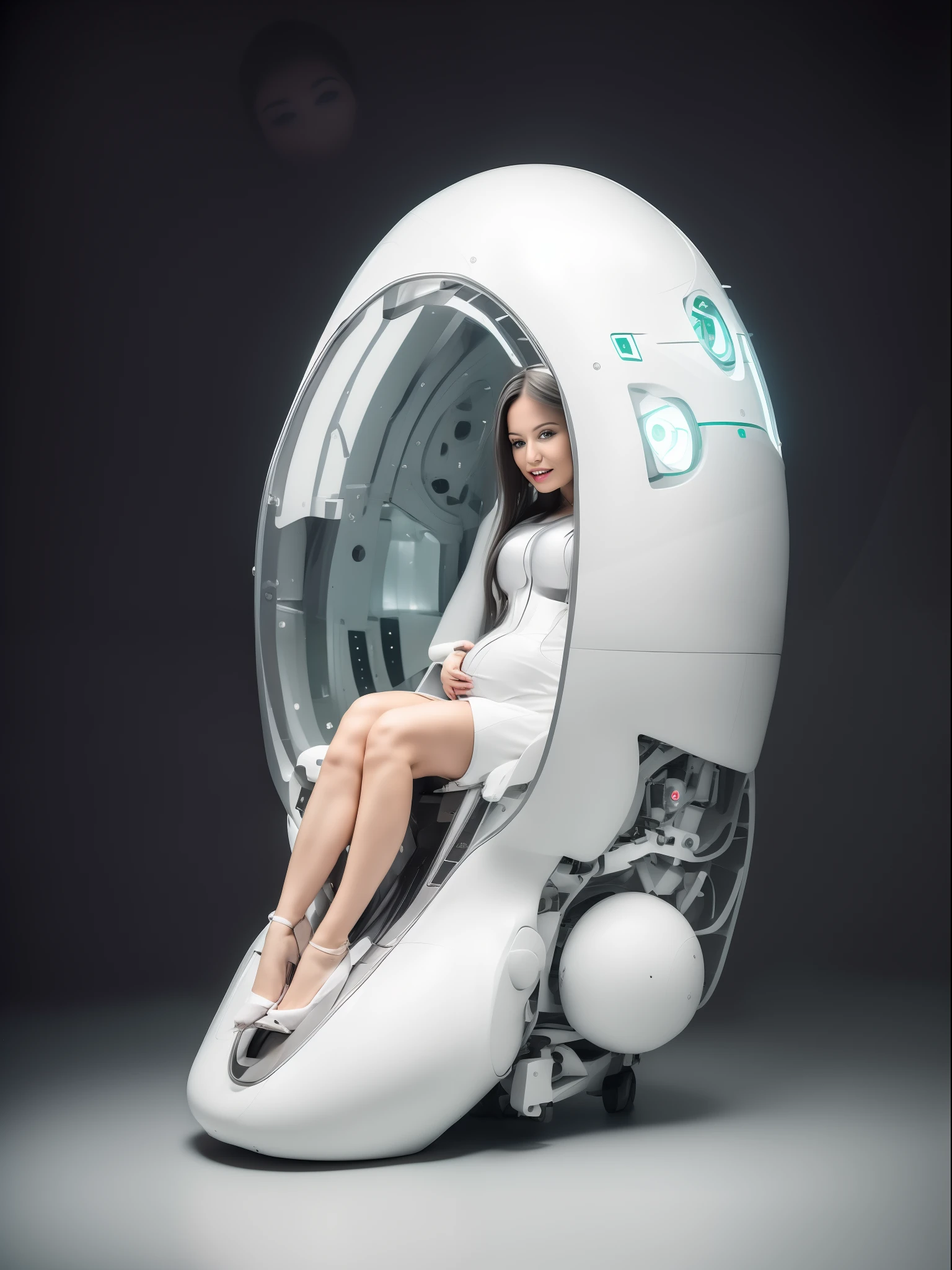 There's a woman sitting in a futuristic-looking chair, sitting on top of a cryopod, cyborg branca bonita, ciborgue - meninalo de moda ciborgue, pregnant female cyborg, menina bonitrgue, robotic body, Imperatriz ciborgue futurista simples, muito futurista, biomechanical oppai, menina ciborgue, c de rodas futurista, Jovem senhora Cyborg, menina ciborgue bonita