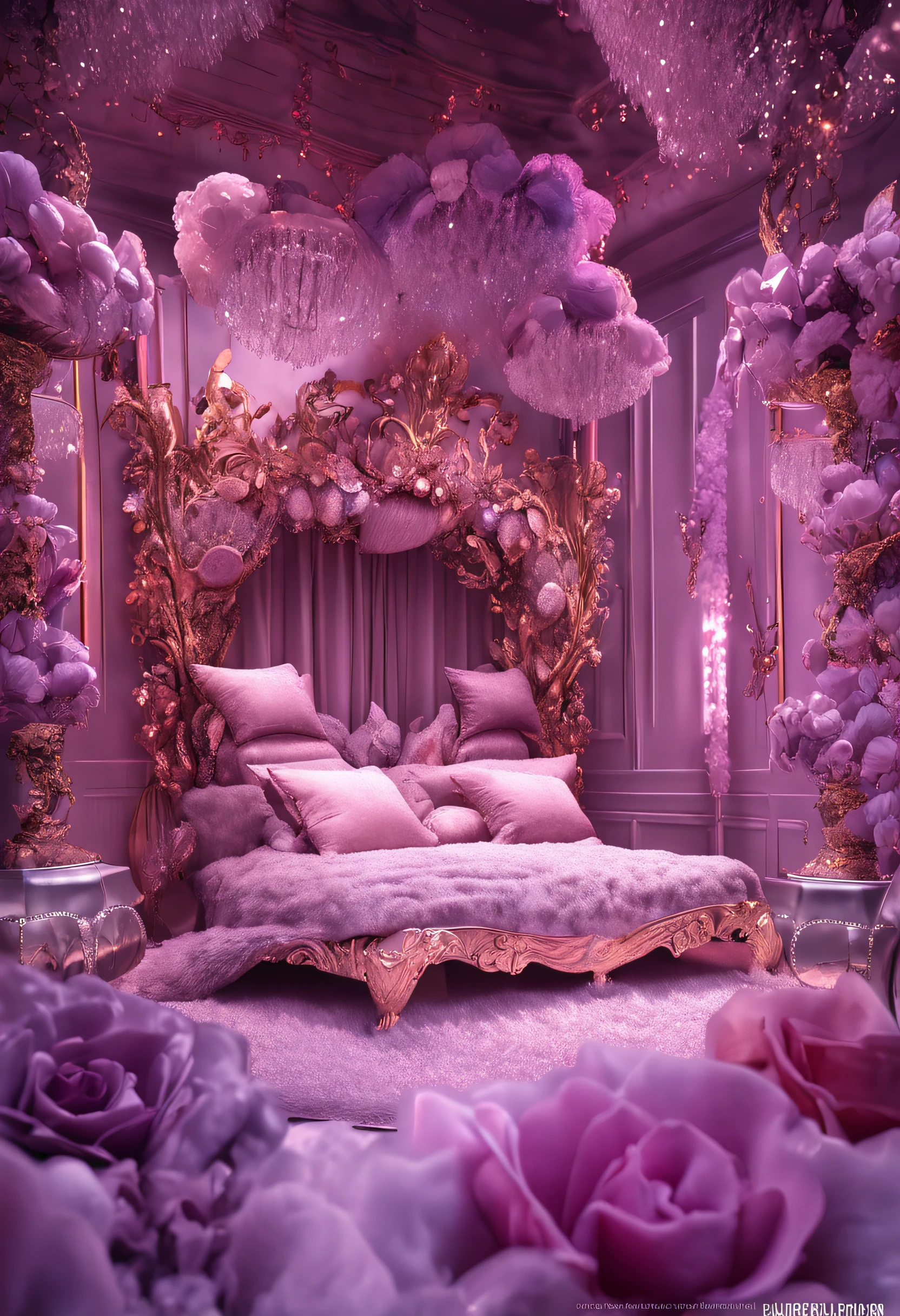 hyper realistic photo, ultra detailed photograph of a beautiful crystal bed, highly detailed pillows, cutecore, photorealistic, iridescent silver purple, hyperrealism, fluffy blankets, shimmering, sheer, sexy, Ultra photoreal, Intricate details, Ultra detailed, elegant photorealistic, great high details, hyper real photo, 8k, extreme quality, mirrors, flowers, jewels