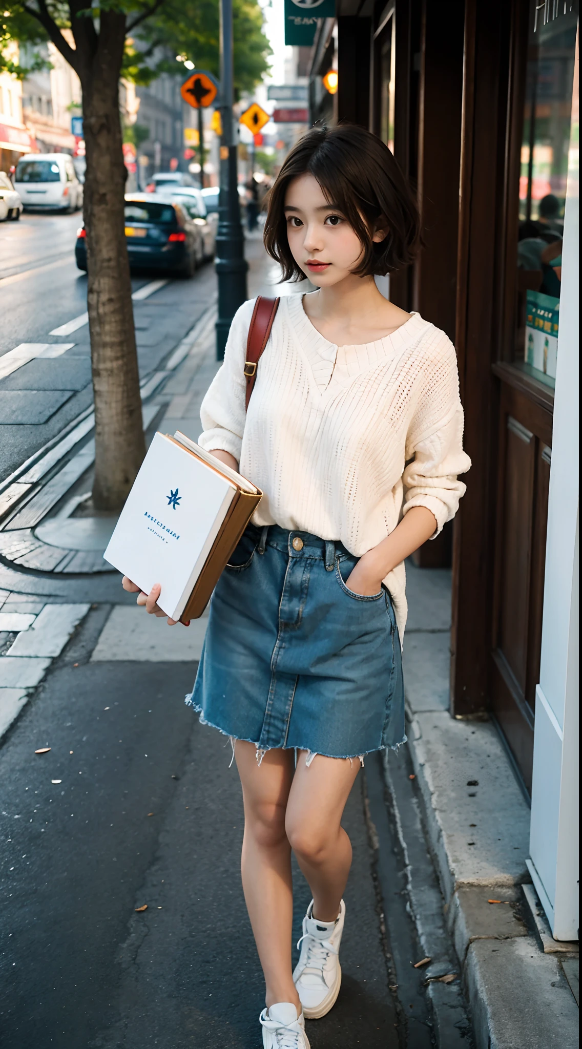 s girl，photographers，gentle and cute，short detailed hair，（Hold a book），（Carry-on baggage），the city street，Casual wear，