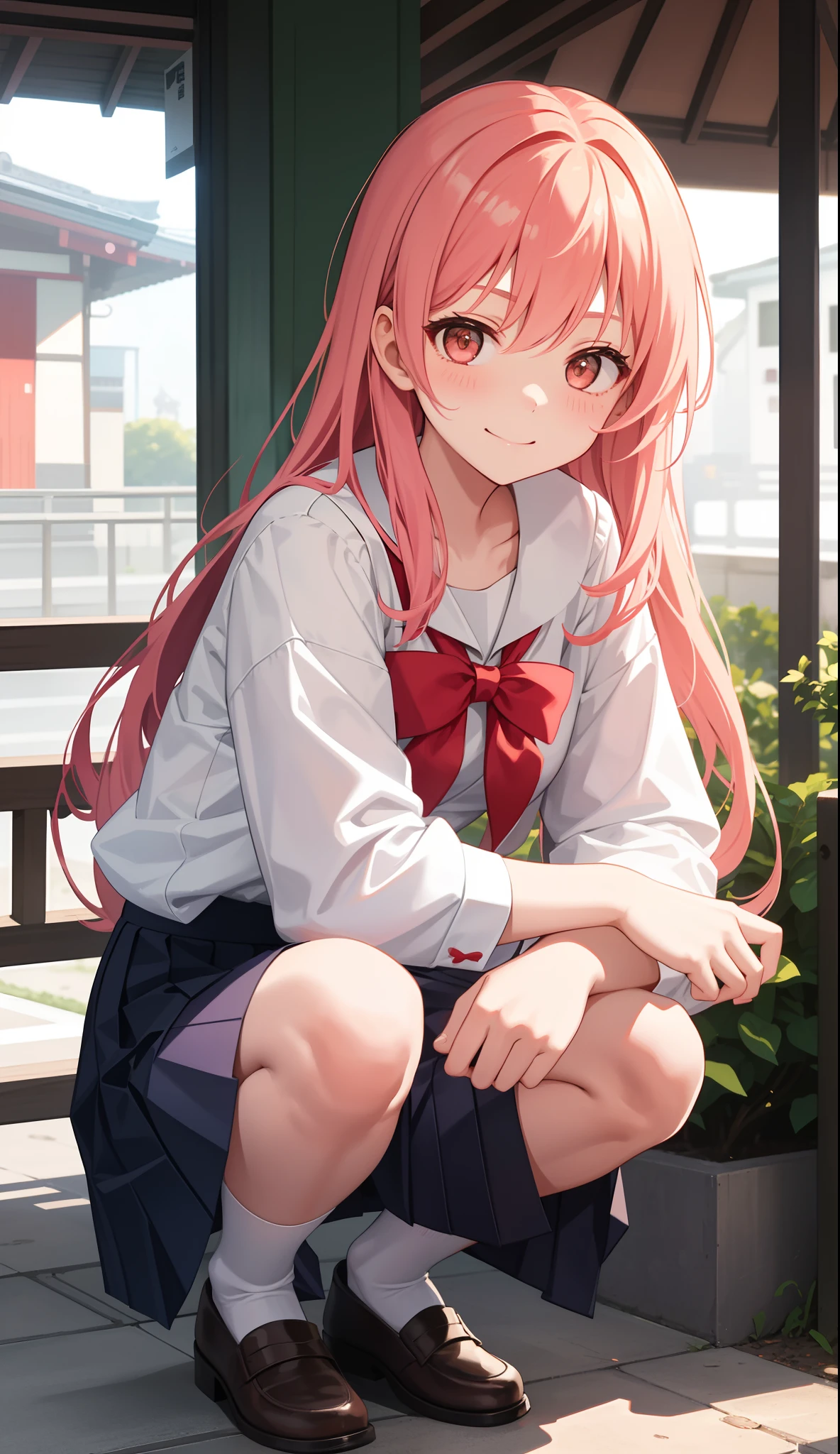 Masterpiece to the smallest detail、top-quality、girl with、、独奏、Looks like 12 yea petite beautiful girl、small tits、a baby face、red hairt bob in the forward、Pink and violet mesh、red eyes、Red eyes、Tall, big eyes、Outstanding looks、A lovely child、proximity、closed_moutmile、red blush、full of shyness、blue headwear、Hats、pink bowtie、校服、 Blue jacket、jaket、skirt by the、Gray skirt shirt、white shirt、an legs、Black socks、sitting on、Classroom、hair_ornament、looking_at_viewer、beatiful detailed eyes、Akame、panties on、lift up one's skirt、Professional effects、
