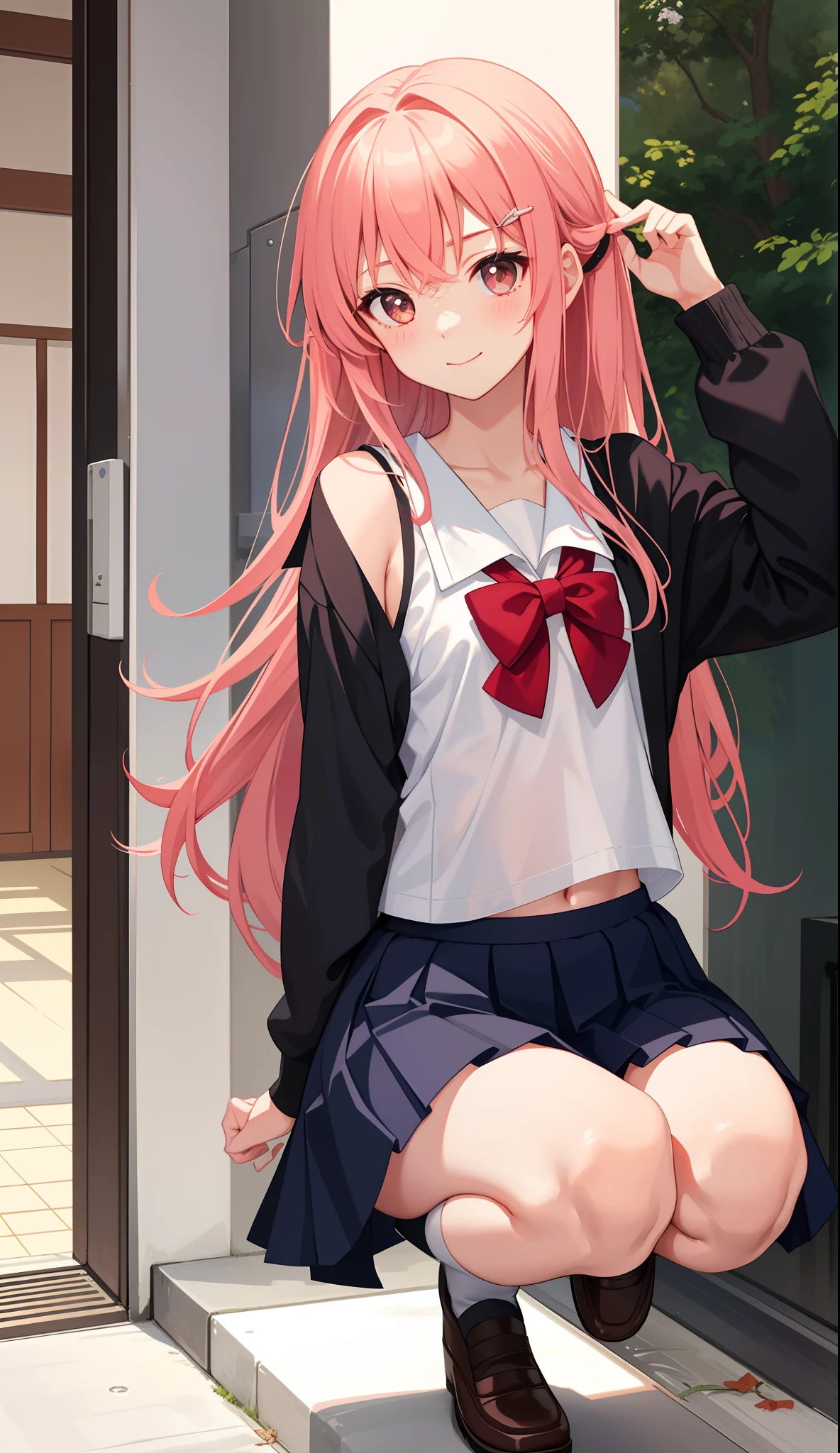 (Highly detailed CG Unity 8K wallpaper artwork),(Best Quality),(Ultra-detailed),(Best Illustration),(Best Shadow),(absurderes), Remi, 1girl in, Solo, Closed eyes, Open mouth, Smile, School uniform, Portrait, Pink hair, Red hair, Bangs, Bow, Twin-tailed, Red bow, Shirt, Collared shirt, Long hair, Cowboy Shot, Anime coloring,Anatomically correct, (Skirt lift:1.3), (panties:1.3)、(Skirt that rolls up:1.3)、(Fully exposed panties:1.5)、