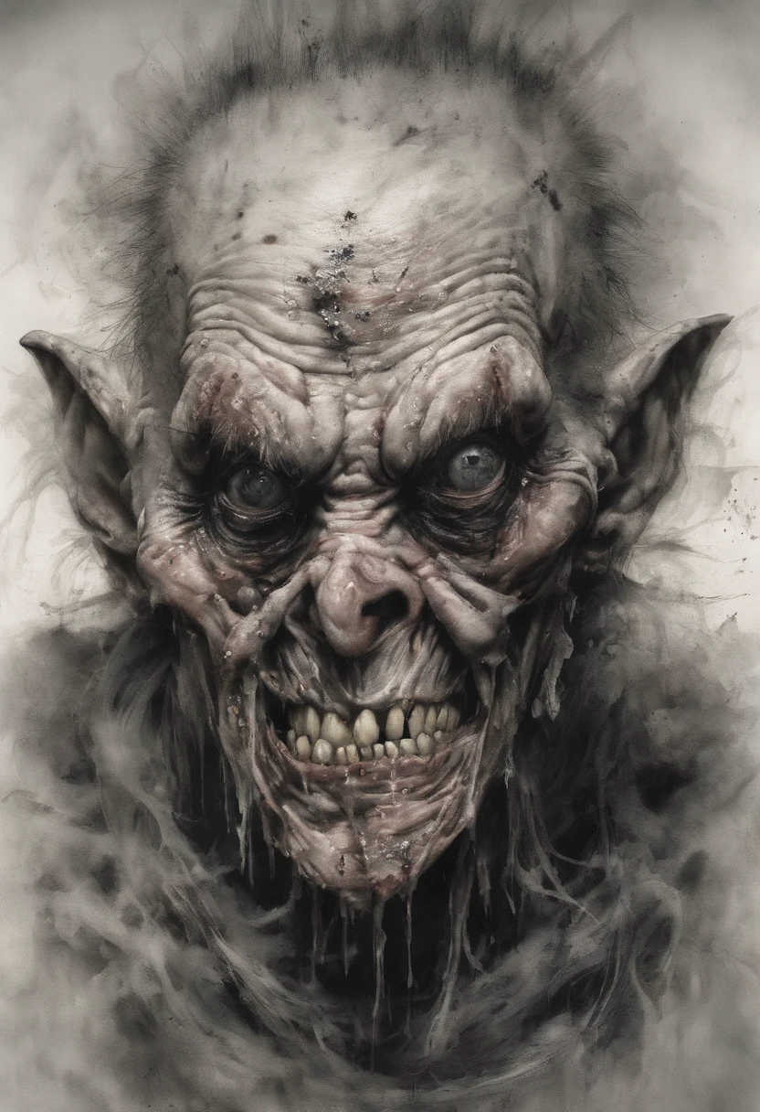 ugliest, scariest grotesque rotten face in the art style of Stephen Gammell