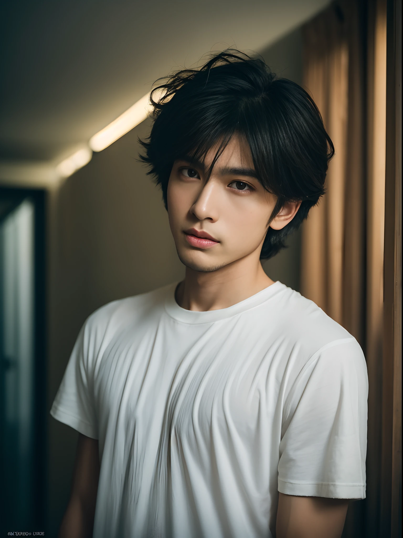 Raw photography, 1boy, Male Focus, hair messy, Looking at Viewer, Cozy interior, Beautiful lighting, deepshadow, Best Quality, masutepiece, Ultra-high resolution, Photorealsitic, Blurry background,　Asians, tshirts,rcasual,