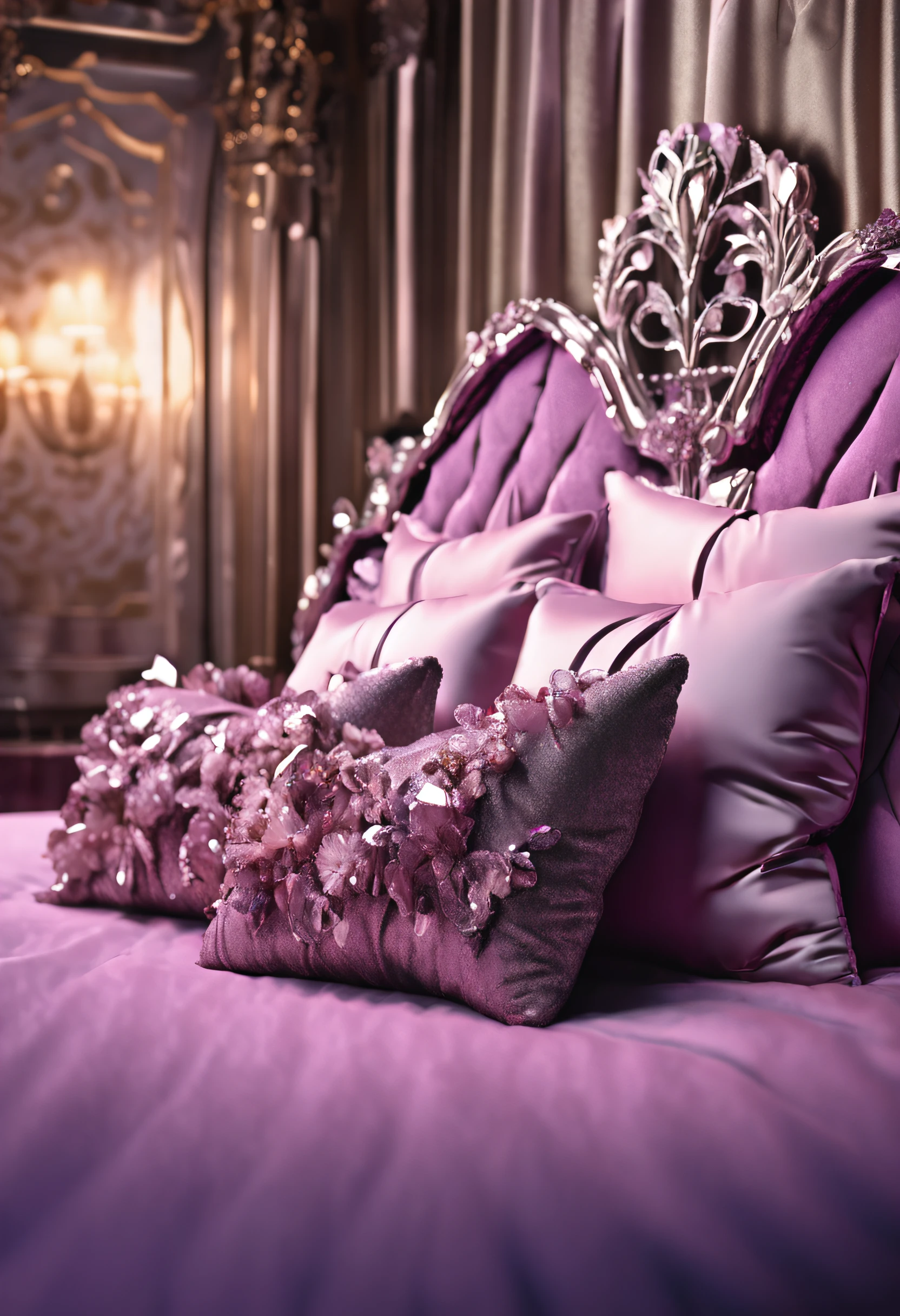 hyper realistic photo, ultra detailed photograph of a beautiful crystal bed, highly detailed pillows, cutecore, photorealistic, iridescent silver purple, hyperrealism, fluffy blankets, shimmering, sheer, sexy, Ultra photoreal, Intricate details, Ultra detailed, elegant photorealistic, great high details, hyper real photo, 8k, extreme quality, mirrors, flowers, jewels