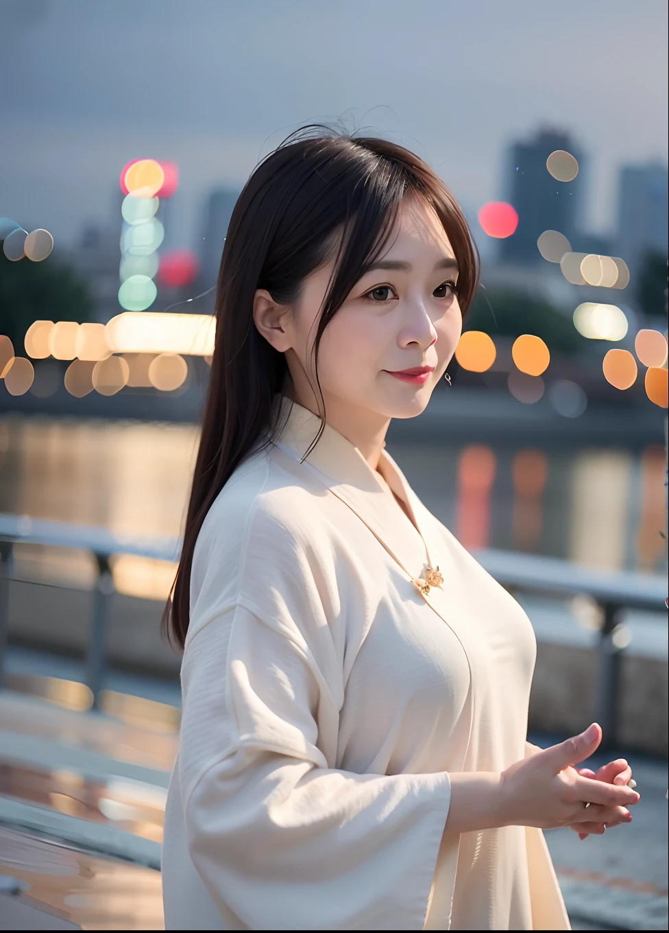 50-year-old aunt in Hanfu,mix4,(8K, RAW photo, Best quality, Masterpiece:1.2), (Realistic, photo-realistic:1.37),Cityscape, Night, rain, Wet, Professional lighting, photon maping, Radio City, Physically-based rendering,