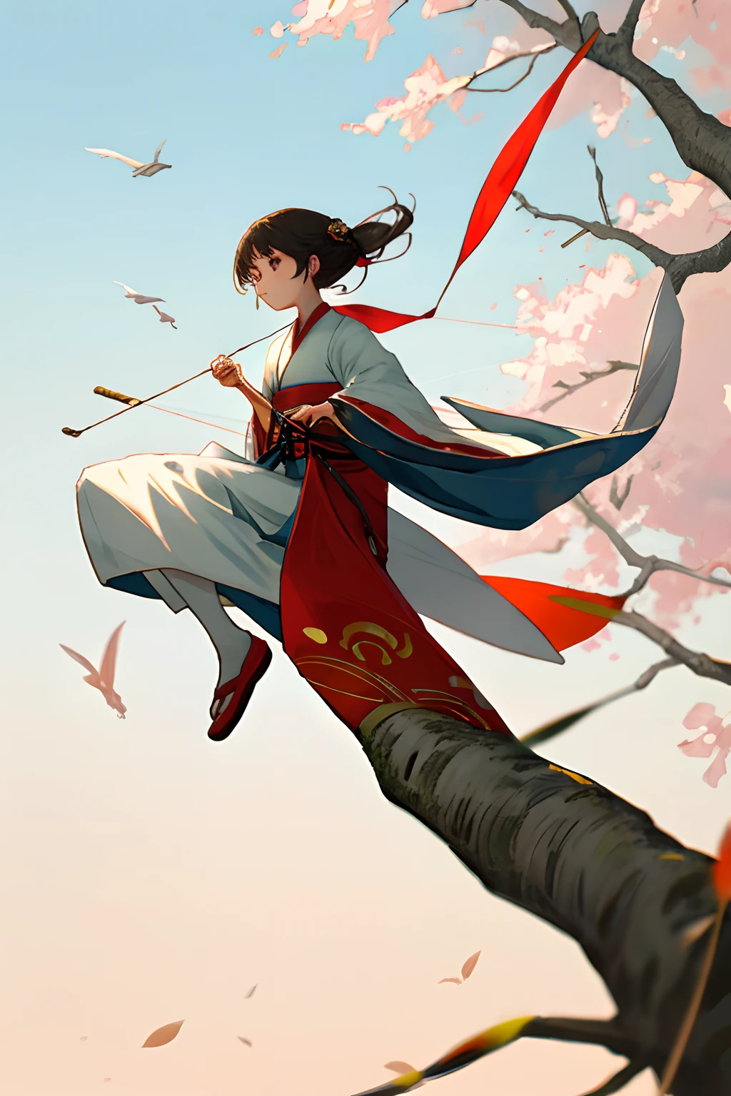 Skinny beauty in Hanfu flying a kite under a willow tree