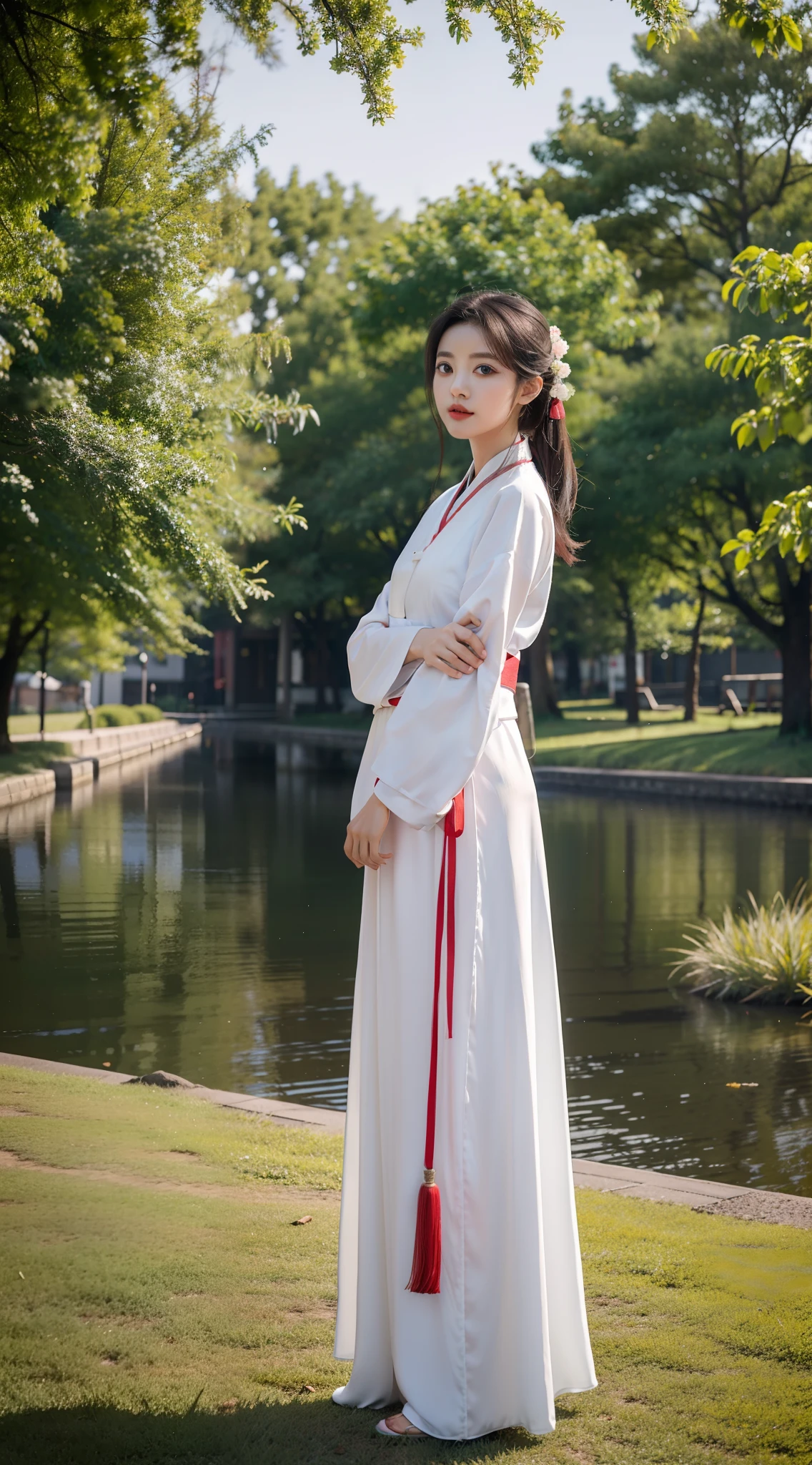 Girl in Hanfu poses for a photo,Keep your arms behind your back,full bodyesbian,Slim girl model,24 years old female model,