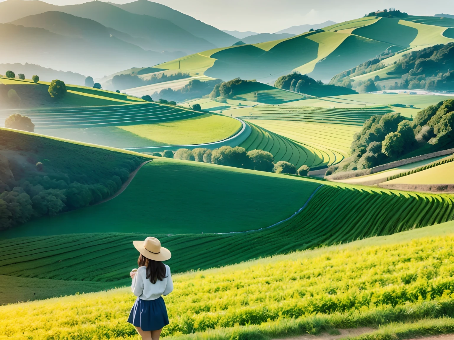 Rural women dressed cleanly are 40 years old,Watch the crops at the Idyllic Hills,Very happy and pure,Beautiful view of the countryside