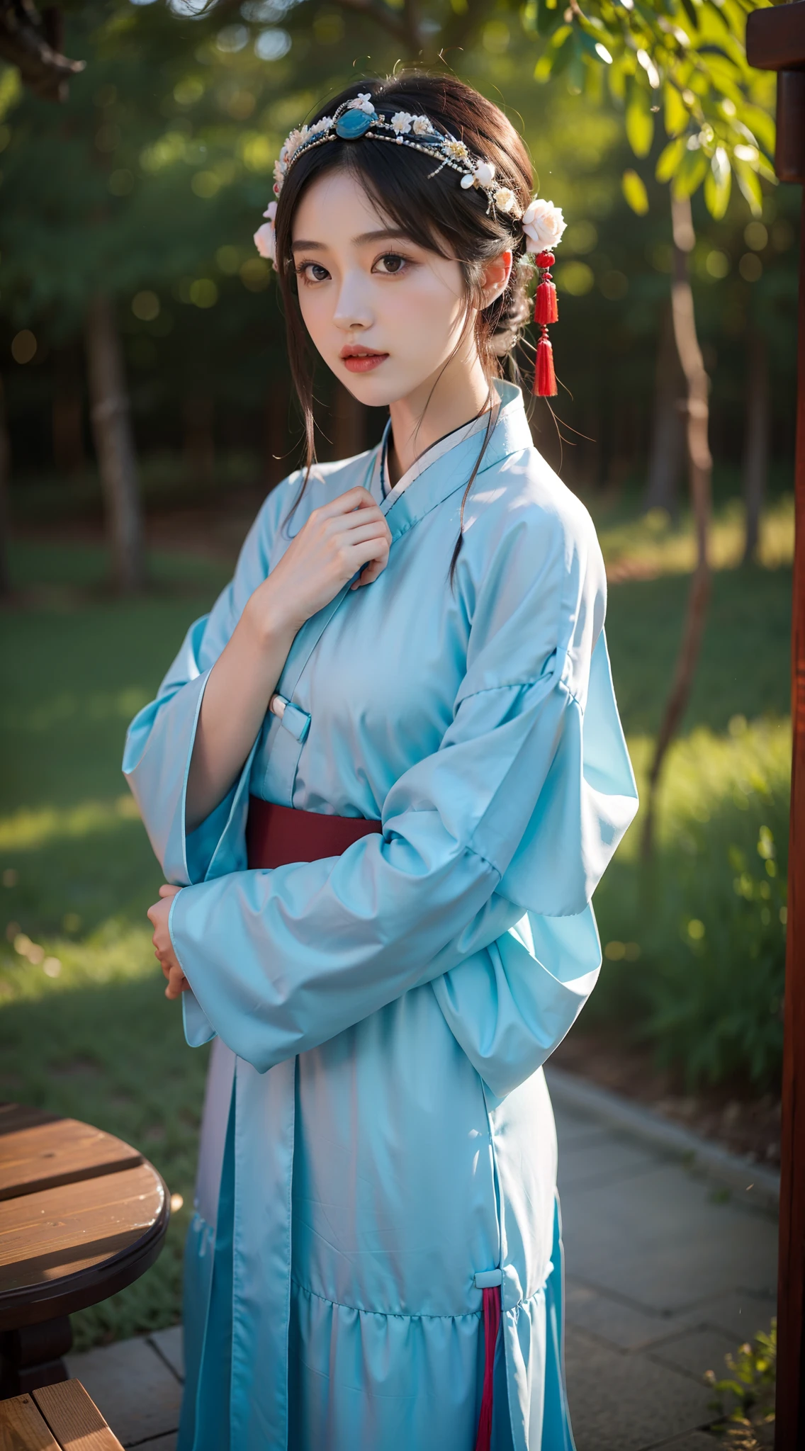 Girl in Hanfu poses for photo，Fold your arms in front of you，full bodyesbian，The headdress is gorgeous，Slim girl model，24 years old female model。