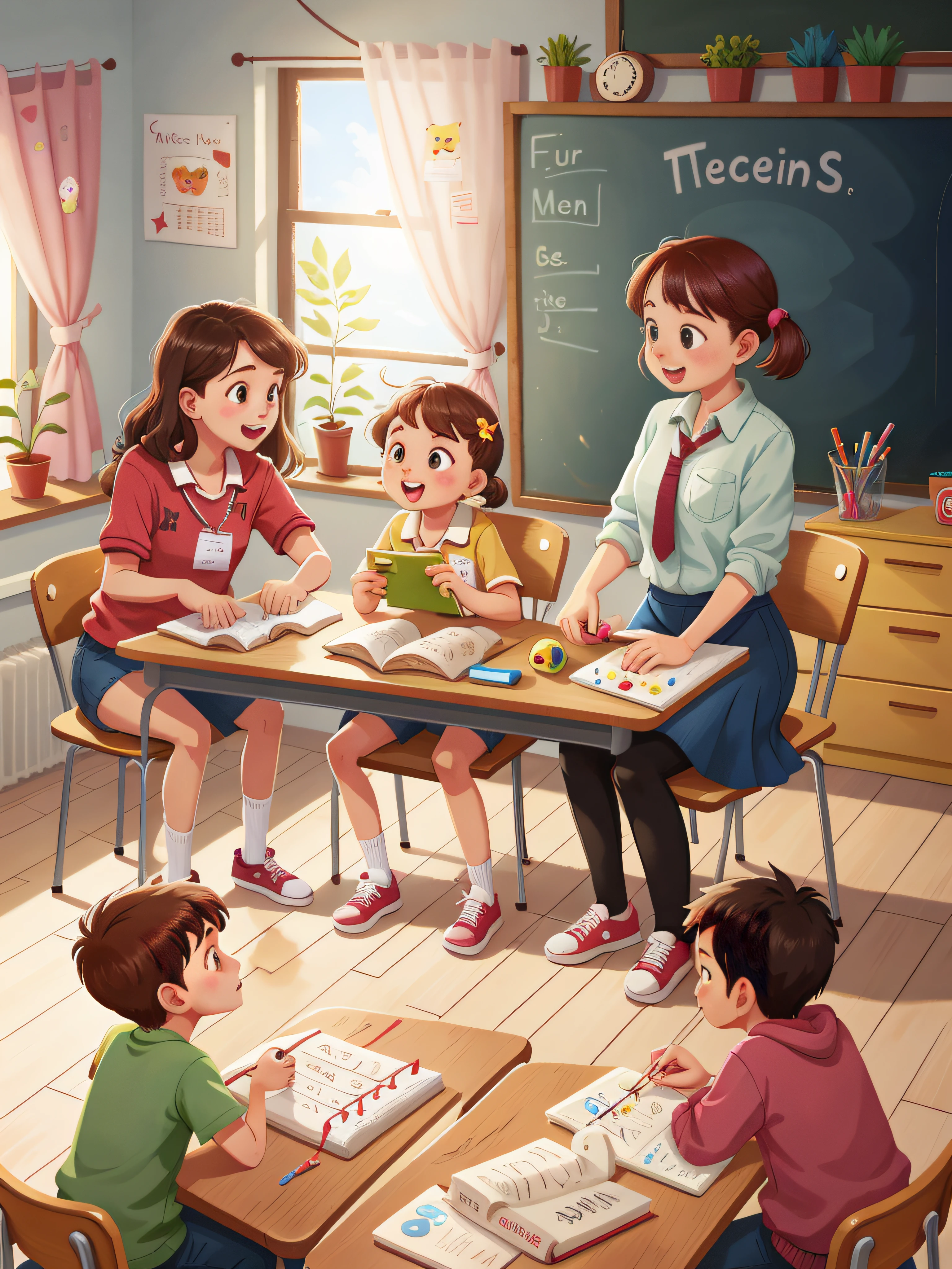 A teacher,3 students,Students aged 2-6,Play games together in the room,No tables and chairs,KIDS ILLUSTRATION,Pubic area is clear,Fingers correct