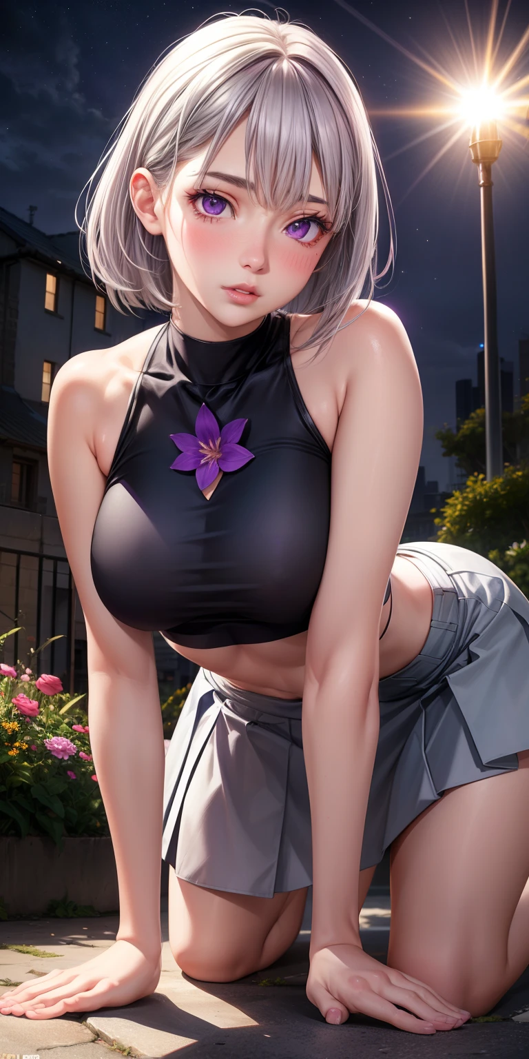 realistic, girl single, gray hair, purple eyes, glowing eyes, crop top, skirt, parted lips, blush, night, flower, sun, sunlight, all fours