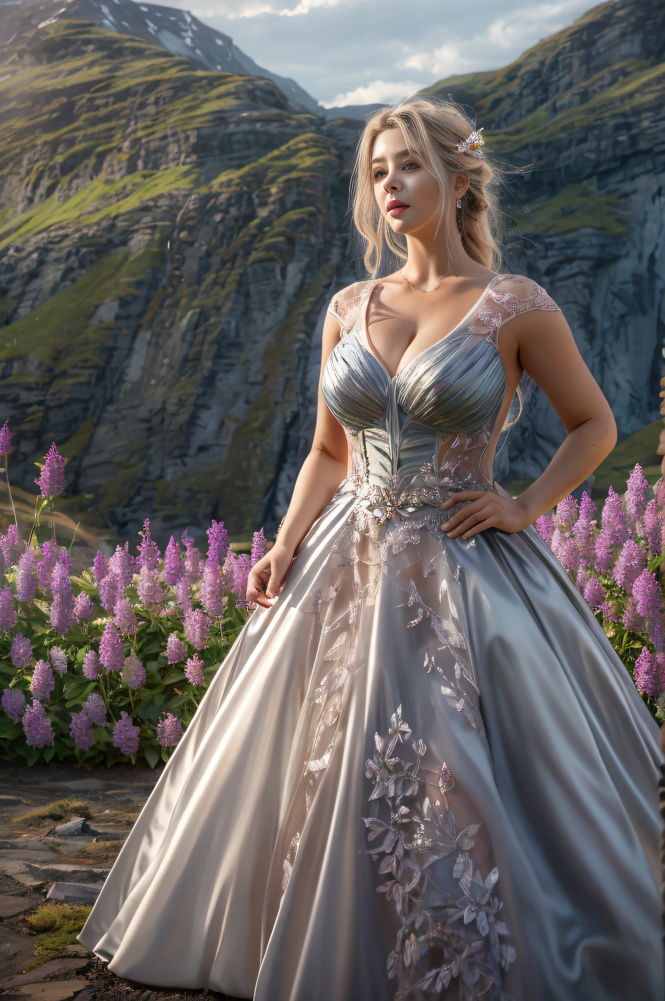 hyper realistic, ultra detailed photograph of a beautiful Norwegian woman in a ballgown, highly detailed face, cutecore, rounded face, curvy body, a photorealistic, big-breasted, hyperrealism, beautiful thick female, sexy, Ultra photoreal, Intricate details, Photorealistic, Ultra detailed, hyper realistic photo, elegant photorealistic, great high details, hyper real photo, full pose, 8k, extreme quality, fjords background, flowers, happy, jewels, iridescent, sunrays