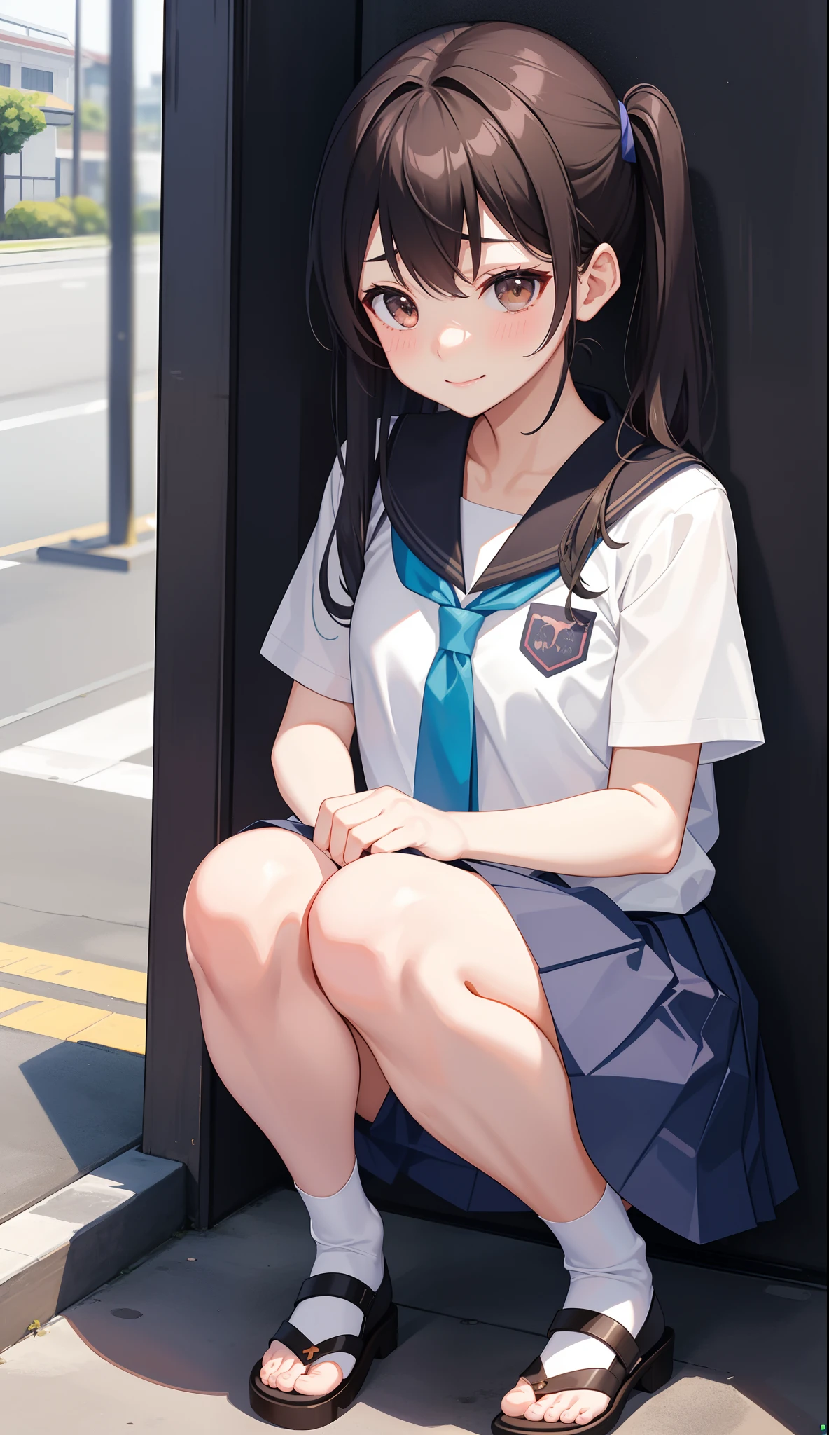 1girl in、AS-Adult、A smile、(Tsundere)、The shirt、skirt by the、(small tits)Chilarism、Japan High School Student Uniform、serafuku、summer clothing、(Sheer Bra)、Upper body portrait、Squatting panchira、