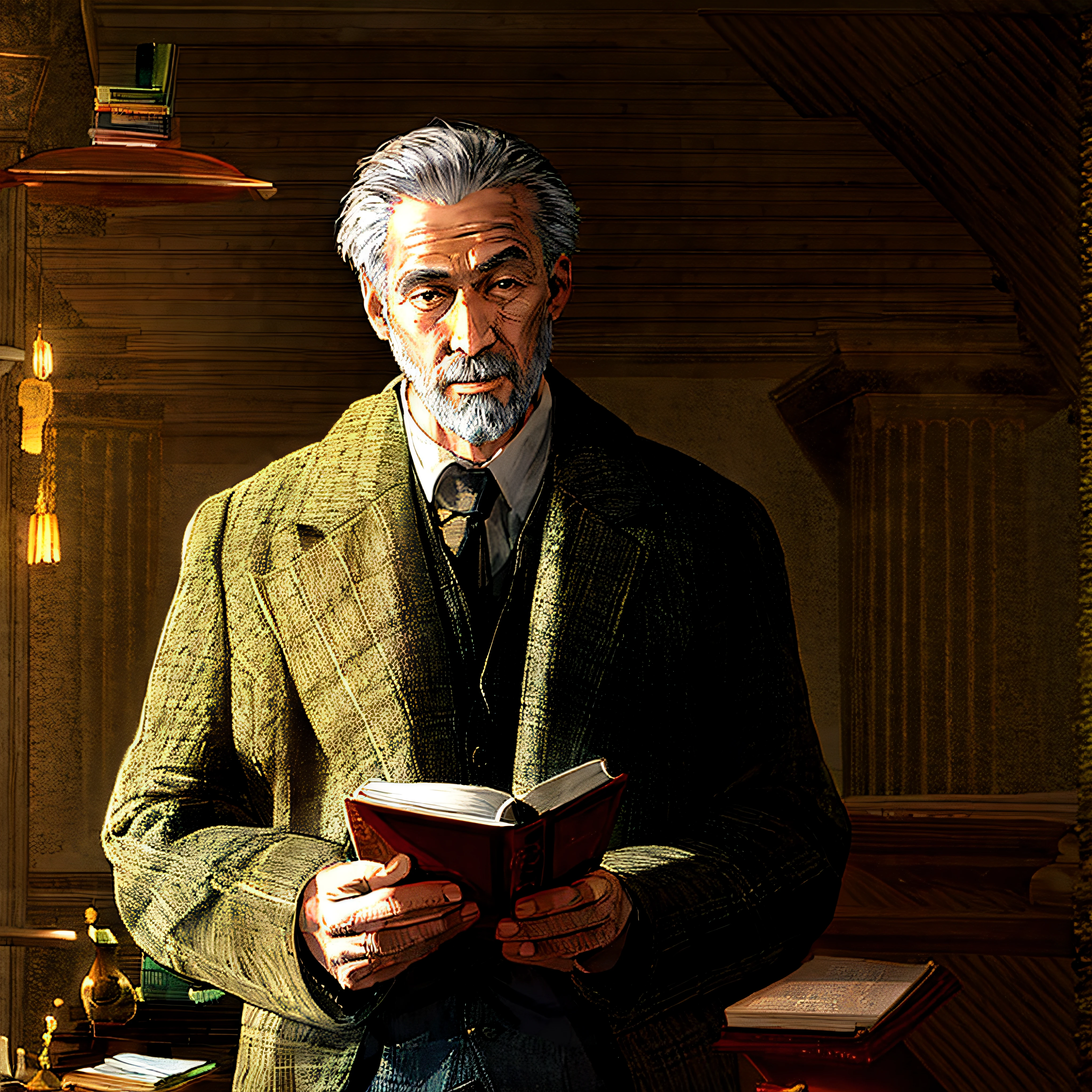 There is a man standing with a book in the room, Video stills, librarian