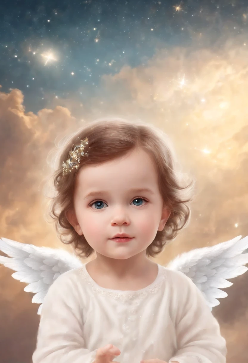 (adorable little angel:1.5),(desenho animado:1.3),(sky with starry clouds:1.2)