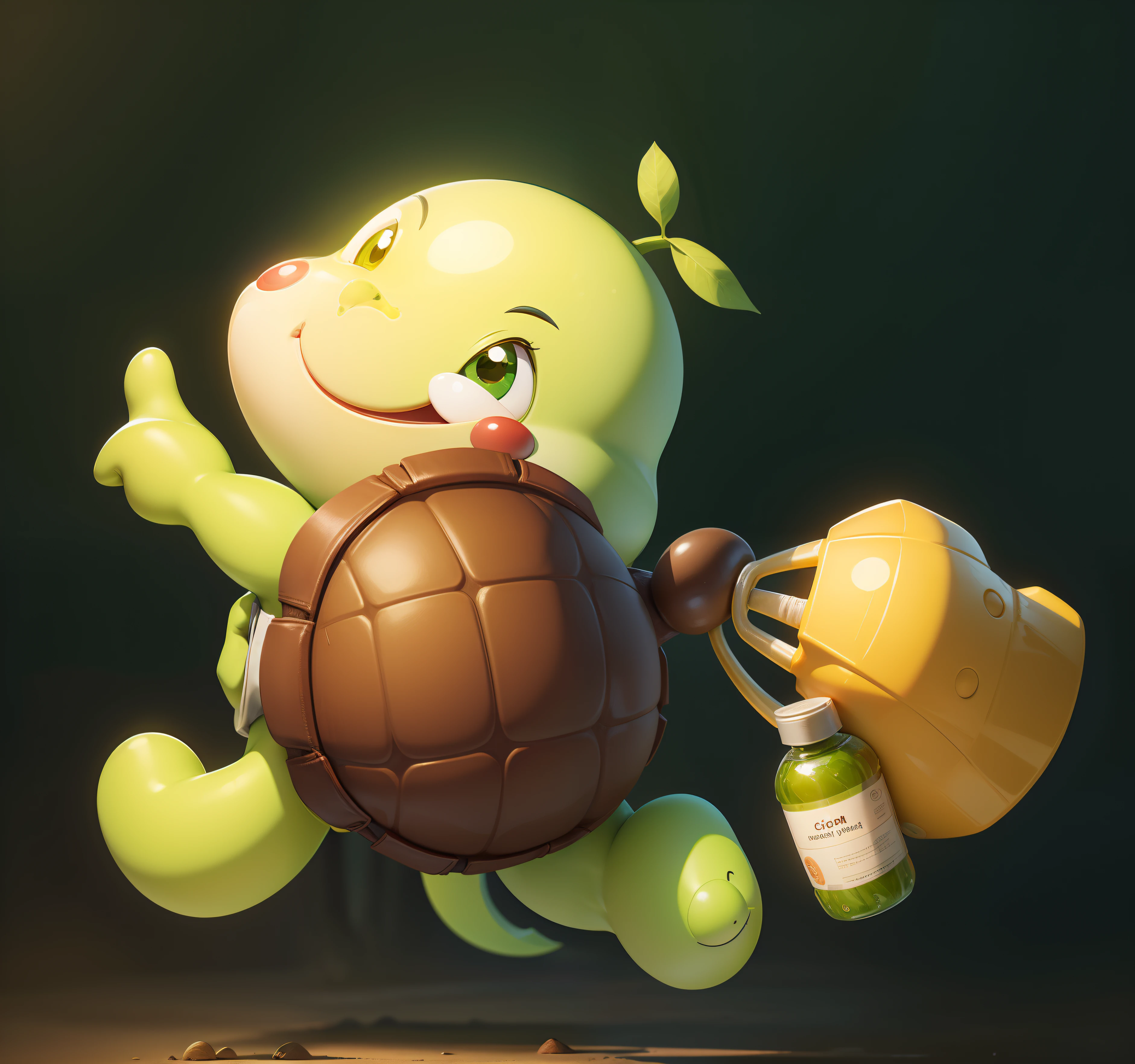 Cute cartoon,Back like,Green skin,The shell is brown,Redfaced,ssmile,Hold a yellow cloth bag in your right hand,mineral water,run,