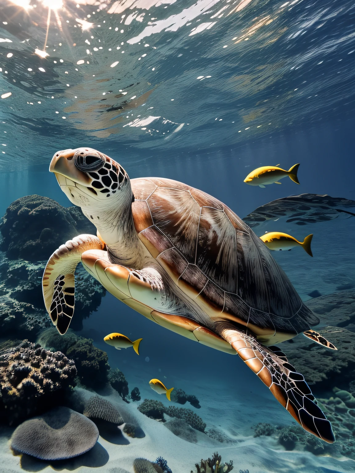 In crystal clear waters、Sea turtle swimming in the sea、tortoise、water bubbles、Sparkling sunshine、