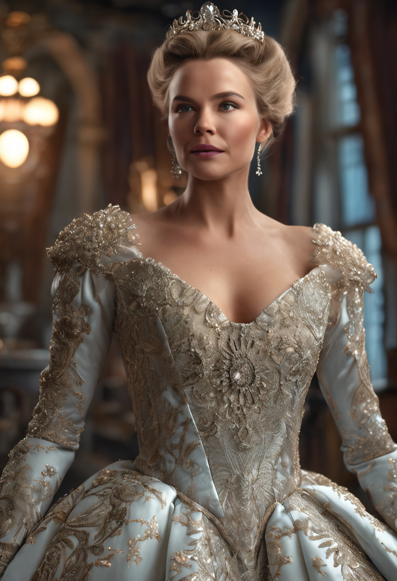 hyper realistic, ultra detailed photograph of a beautiful Norwegian woman in a ballgown with long sleeves, highly detailed face, cutecore, dimples, curvy body, a photorealistic, big-breasted, hyperrealism, beautiful thick female, sexy, Ultra photoreal, Intricate details, Photorealistic, Ultra detailed, hyper realistic photo, elegant photorealistic, great high details, hyper real photo, full pose, 8k, extreme quality, fjords castles background, flowers, happy, jewels, iridescent, opals, sunrays, epic