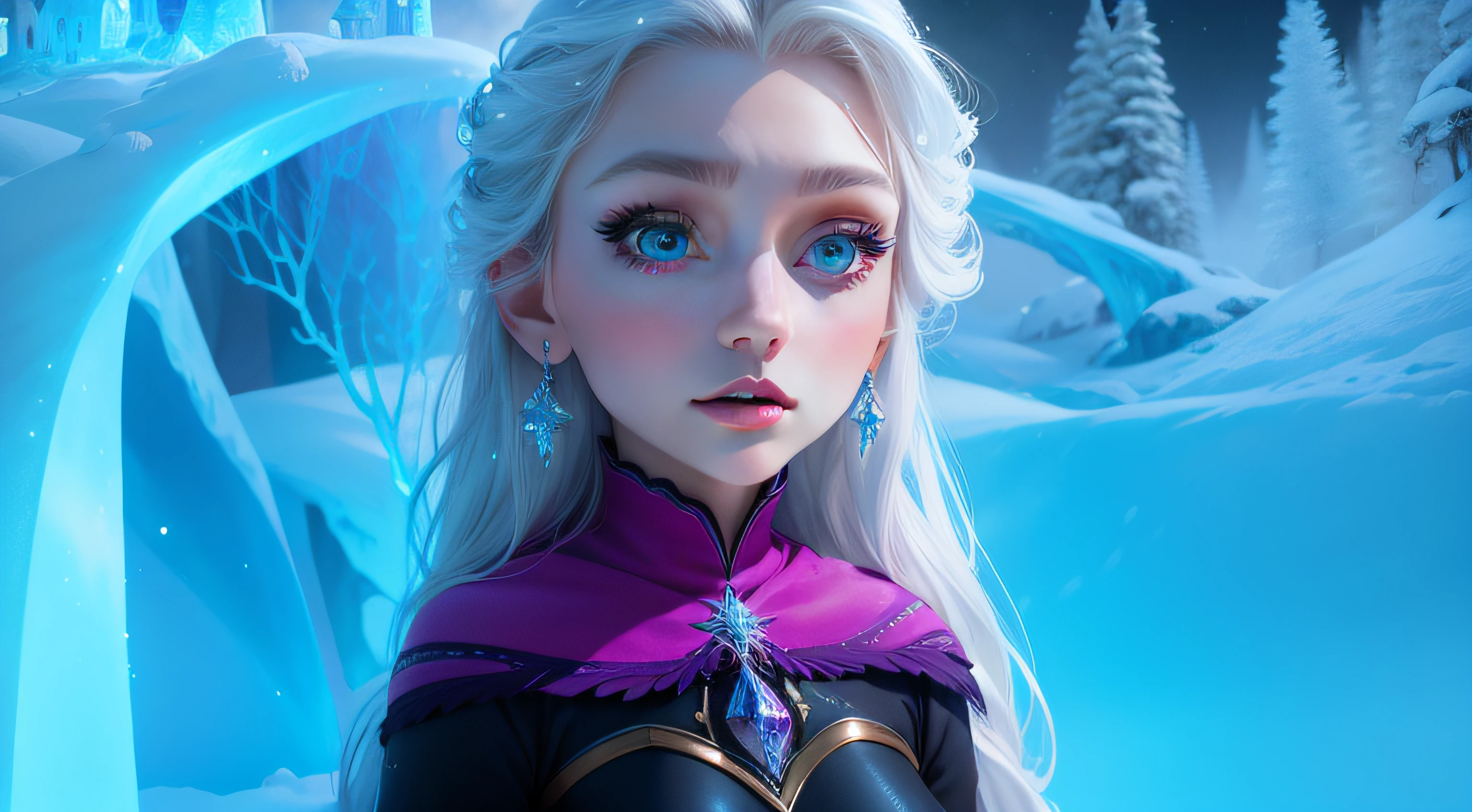 frozen 3,poster concept,fantasy,sparkling snow,frozen landscape,beautiful detailed eyes,beautiful detailed lips,extremely detailed eyes and face,long eyelashes,ice dress,glistening crystals,sparkling ice castle,enchanted forest,magical atmosphere,fairytale,ethereal,ice sculpture,glowing snowflakes,emotive expression,royal queen,snow queen,elven creatures,whimsical,aurora borealis,starlit sky,magical powers,majestic,awe-inspiring,surrounded by snow,mesmerizing,highres,ultra-detailed,photorealistic,vivid colors,studio lighting