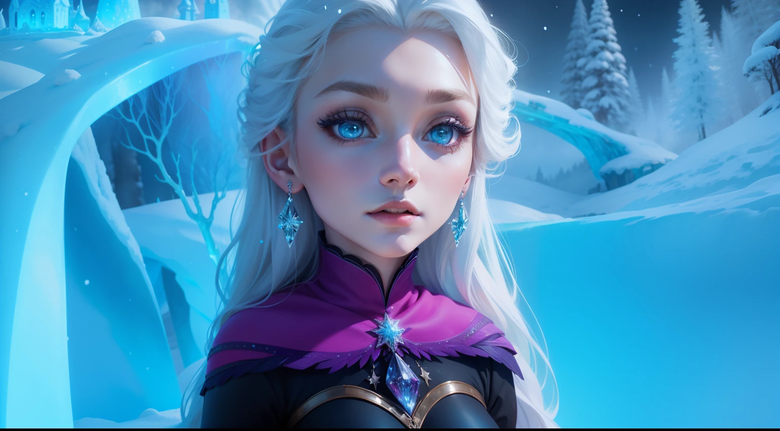 frozen 3,poster concept,fantasy,sparkling snow,frozen landscape,beautiful detailed eyes,beautiful detailed lips,extremely detailed eyes and face,long eyelashes,ice dress,glistening crystals,sparkling ice castle,enchanted forest,magical atmosphere,fairytale,ethereal,ice sculpture,glowing snowflakes,emotive expression,royal queen,snow queen,elven creatures,whimsical,aurora borealis,starlit sky,magical powers,majestic,awe-inspiring,surrounded by snow,mesmerizing,highres,ultra-detailed,photorealistic,vivid colors,studio lighting