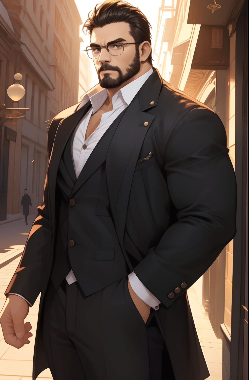 Velho musculoso (Lobo Negro Peludo) Andar na cidade usando jaqueta, Mafia has, eyeglass, transparente, peitoral, sentado, musculoso, barbado, ((Homem 50 anos))