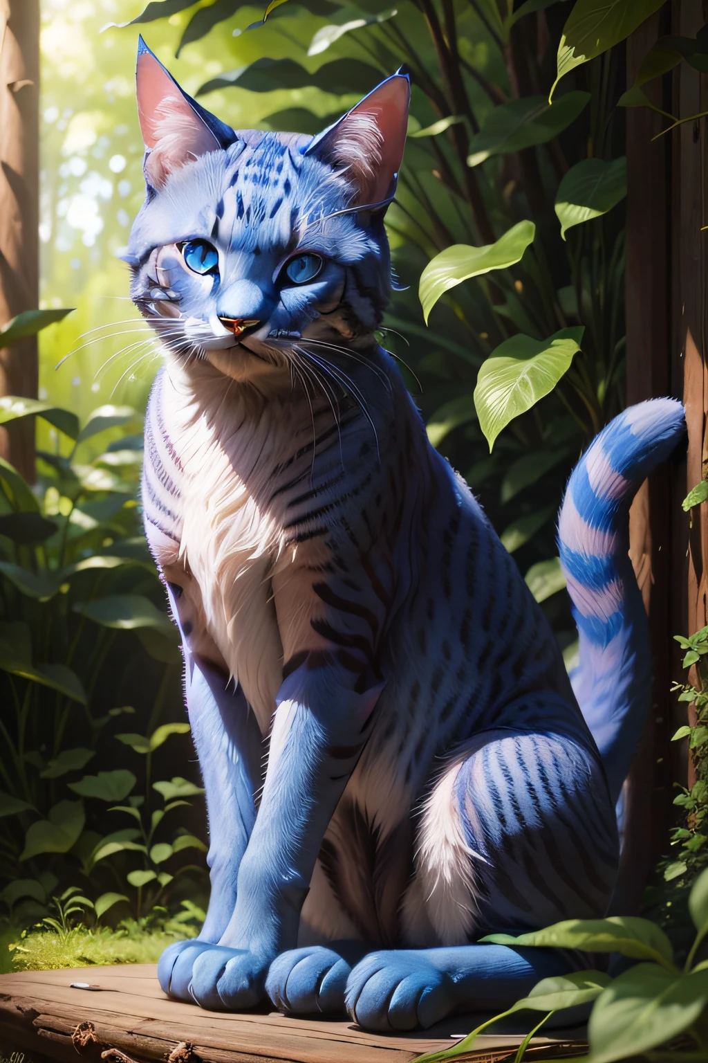 a blue cat, vibrant fur color, piercing blue eyes, playful stance, sitting on a branch, surrounded by lush green leaves, soft sunlight illuminating the scene, oil painting style, high quality details, realistic and lifelike rendering, vivid colors, sharp focus, professional artwork, bokeh effect, masterful brushstrokes, detailed textures, 4k resolution, vibrant palette, with a touch of whimsy.