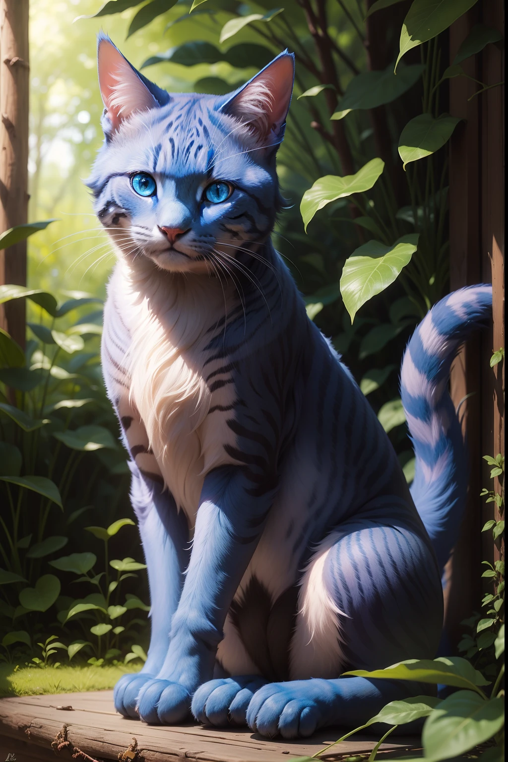 a blue cat, vibrant fur color, piercing blue eyes, playful stance, sitting on a branch, surrounded by lush green leaves, soft sunlight illuminating the scene, oil painting style, high quality details, realistic and lifelike rendering, vivid colors, sharp focus, professional artwork, bokeh effect, masterful brushstrokes, detailed textures, 4k resolution, vibrant palette, with a touch of whimsy.