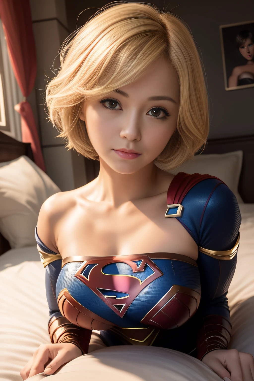 ​masterpiece、Short-haired Supergirl lying face down on bed、large full breasts、Looking at the camera、Glossy costume、s ass