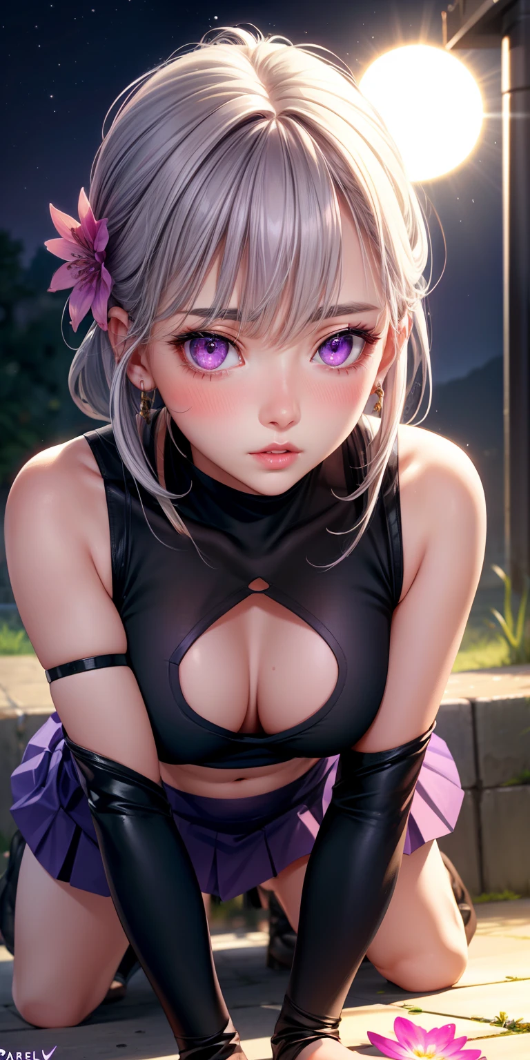 realistic, girl single, gray hair, purple eyes, glowing eyes, crop top, skirt, parted lips, blush, night, flower, sun, sunlight, all fours