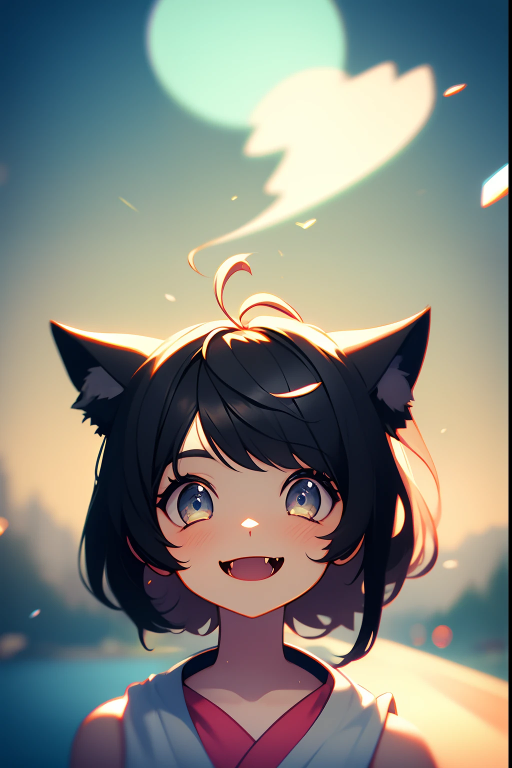 black hair, hair bobbles, wince, longeyelashes, solid circle eyes, fake animal ears, light smile, ear blush, fang, Surrealism, drop shadow, anaglyph, stereogram, tachi-e, pov, atmospheric perspective, 8k, super detail, ccurate, best quality