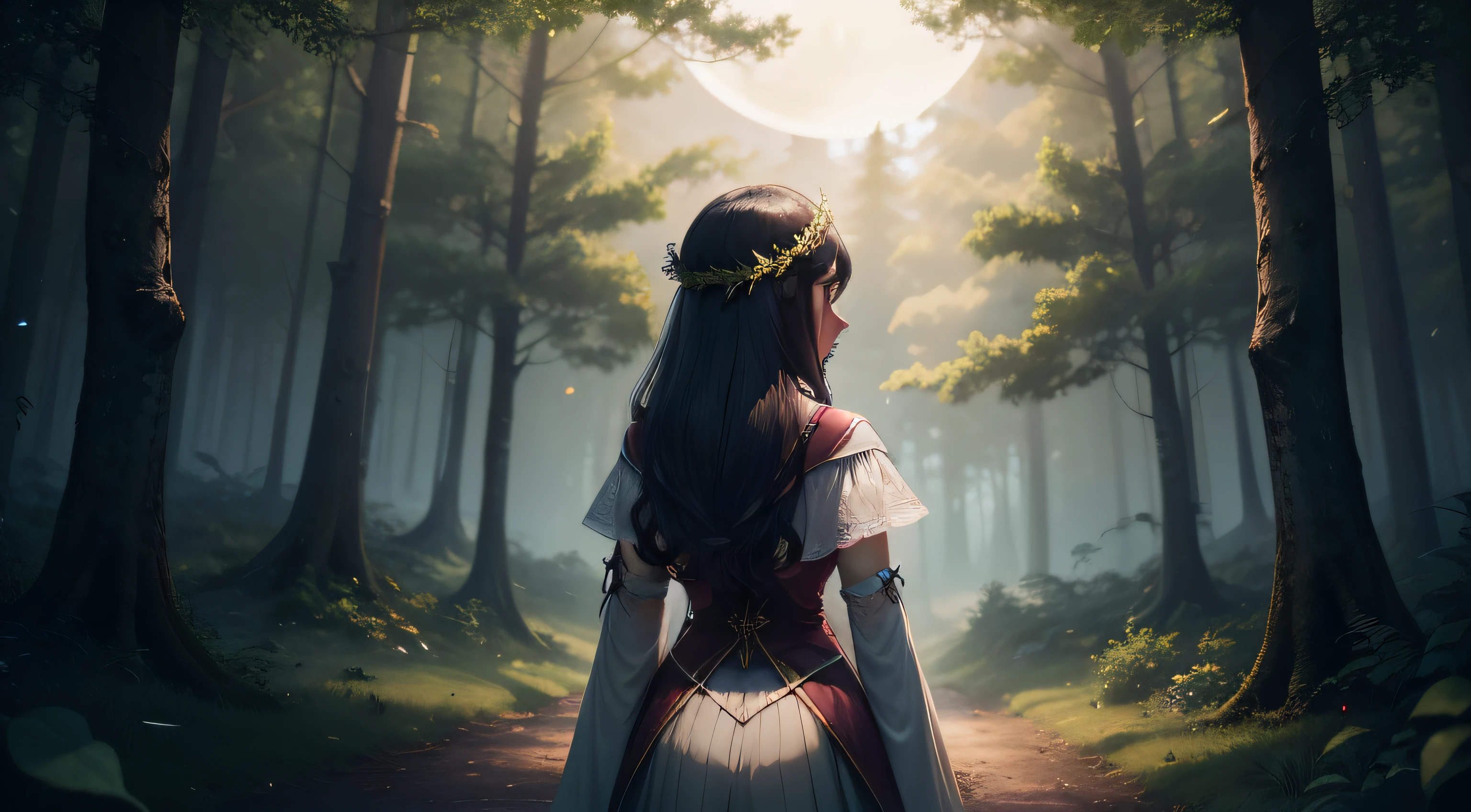 a age female farry setting in a forest at moon light night, dressup like anciant, back view
