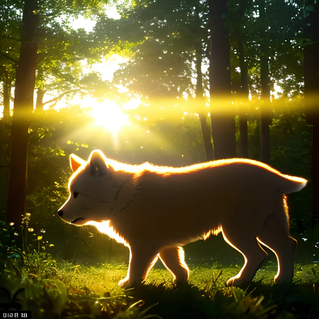 (best quality: 1.2), (masterpiece: 1.2), (realistic: 1.2), closeup photo, a very cute jumping puppy in the forest, soft volumetric lights, (looking at the viewer: 1.3), (backlit:1.3), (cinematic:1.2), intricate details, masterpiece