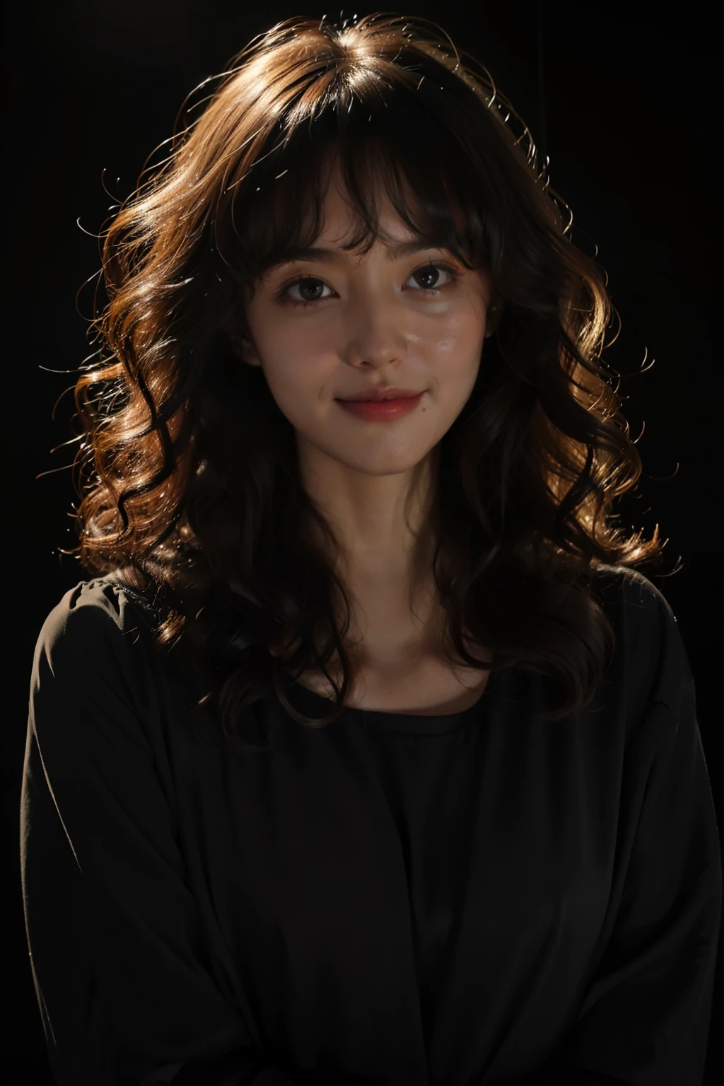 1girll,fake smile,Curly hair,In the dark,deepshadow