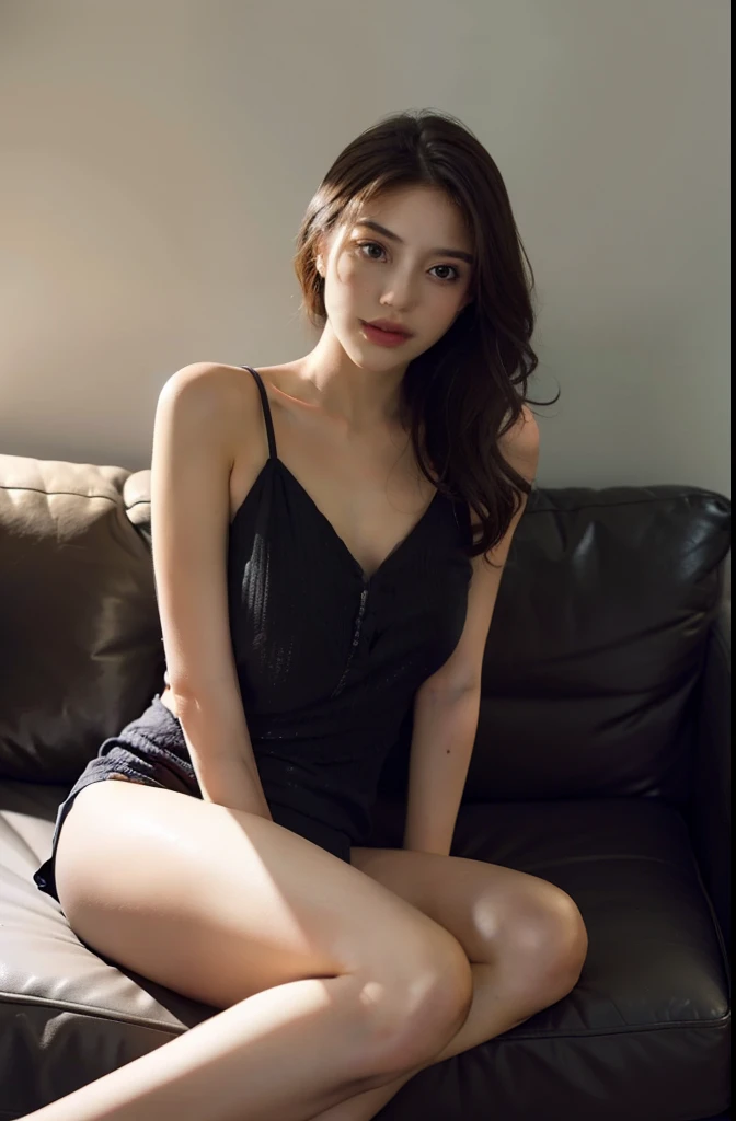 1girll,Sit on a comfortable sofa,Cross ed leg,Soft light