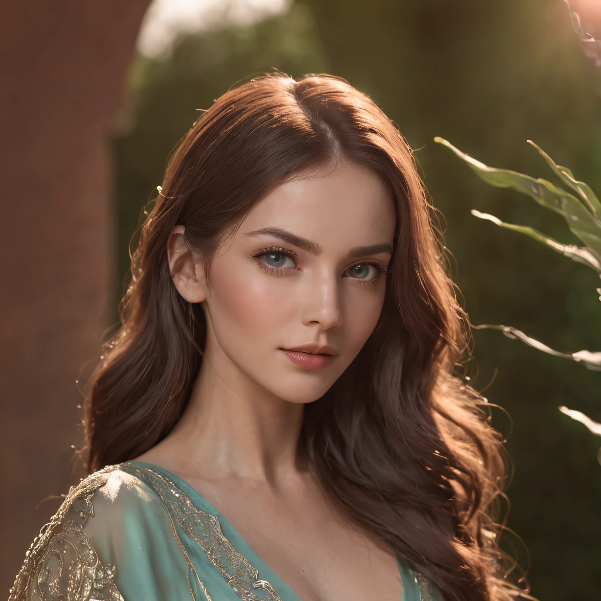 a young woman with long flowing hair, beautiful detailed eyes, beautiful detailed lips, extremely detailed face, longeyelashes, wearing an elegant flowing dress, standing in a lush, vibrant garden with colorful flowers and plants, sunlight streaming through the trees, creating a dreamy, ethereal atmosphere, (best quality,4k,8k,highres,masterpiece:1.2),ultra-detailed,(realistic,photorealistic,photo-realistic:1.37),HDR,UHD,studio lighting,ultra-fine painting,sharp focus,physically-based rendering,extreme detail description,professional,vivid colors,bokeh,fantasy,digital painting,muted color palette,dramatic lighting,cinematic composition