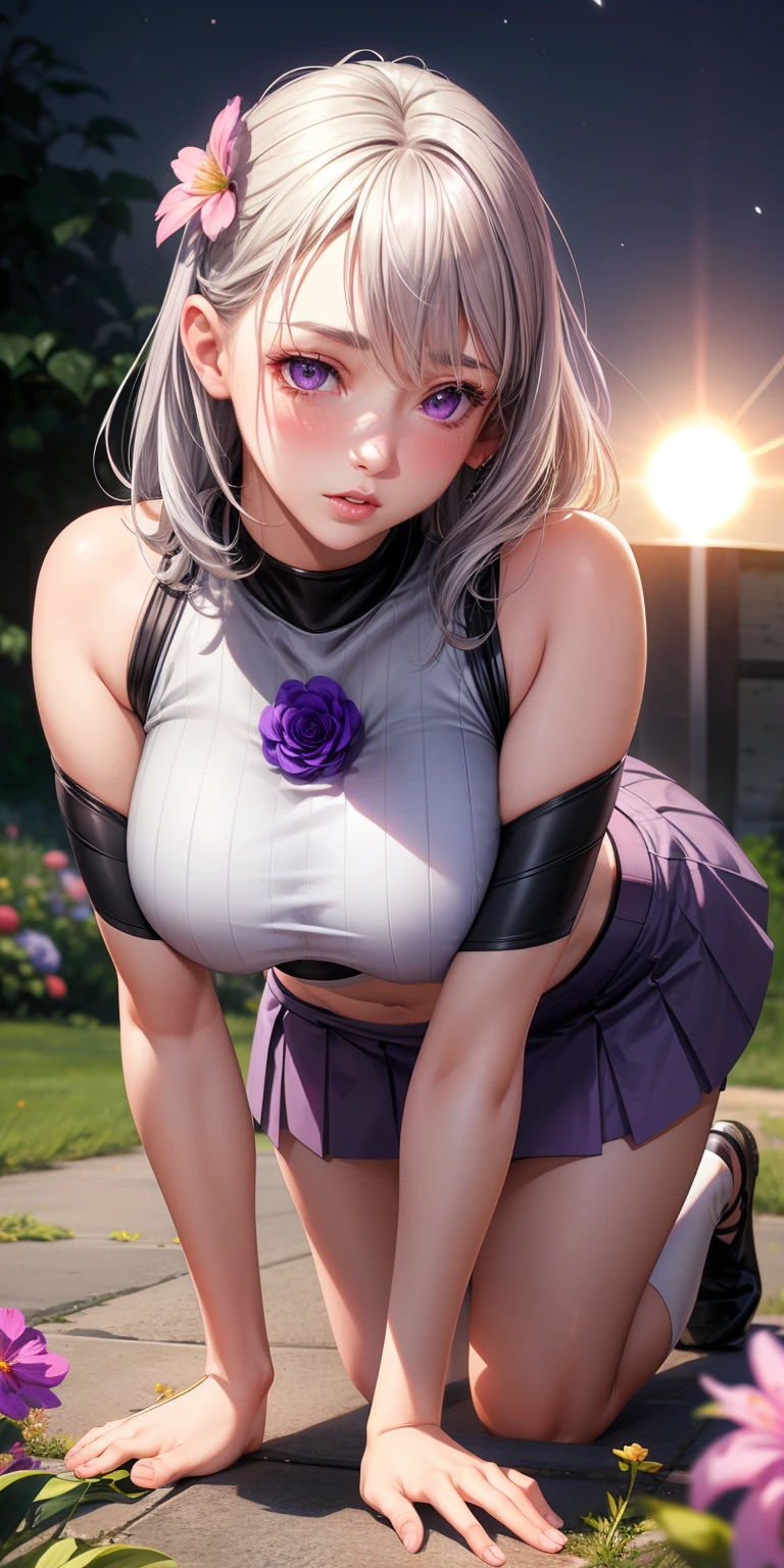 realistic, girl single, gray hair, purple eyes, glowing eyes, crop top, skirt, parted lips, blush, night, flower, sun, sunlight, all fours
