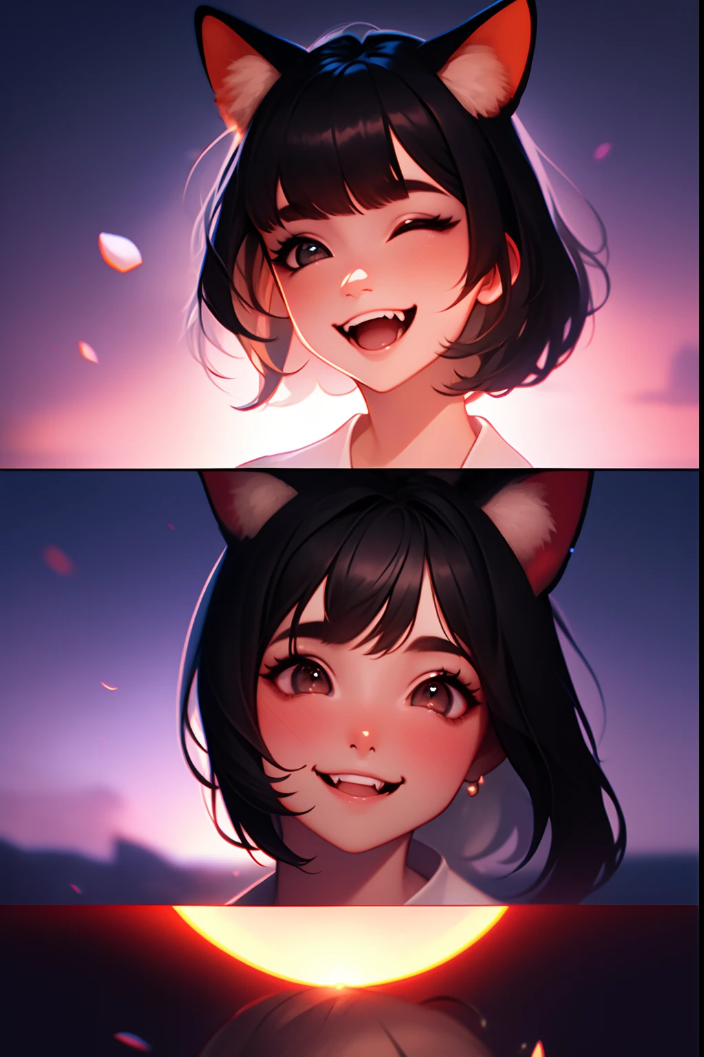 black hair, hair bobbles, wince, longeyelashes, solid circle eyes, fake animal ears, light smile, ear blush, fang, Surrealism, drop shadow, anaglyph, stereogram, tachi-e, pov, atmospheric perspective, 8k, super detail, ccurate, best quality